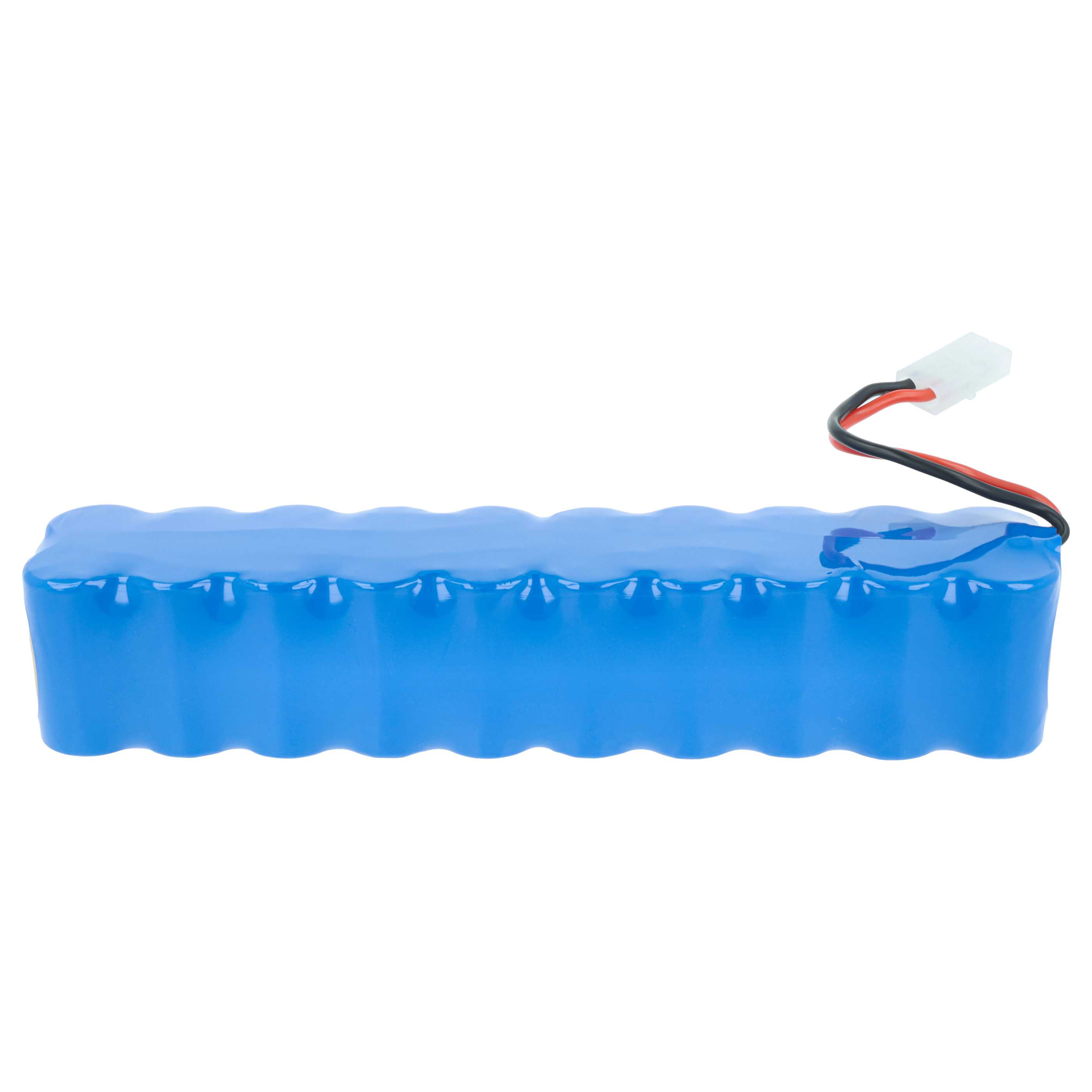Ein blaues Batteriepaket mit einem weißen Stecker und schwarzen/roten Drähten erstreckt sich von oben. Der Hintergrund ist weiß.