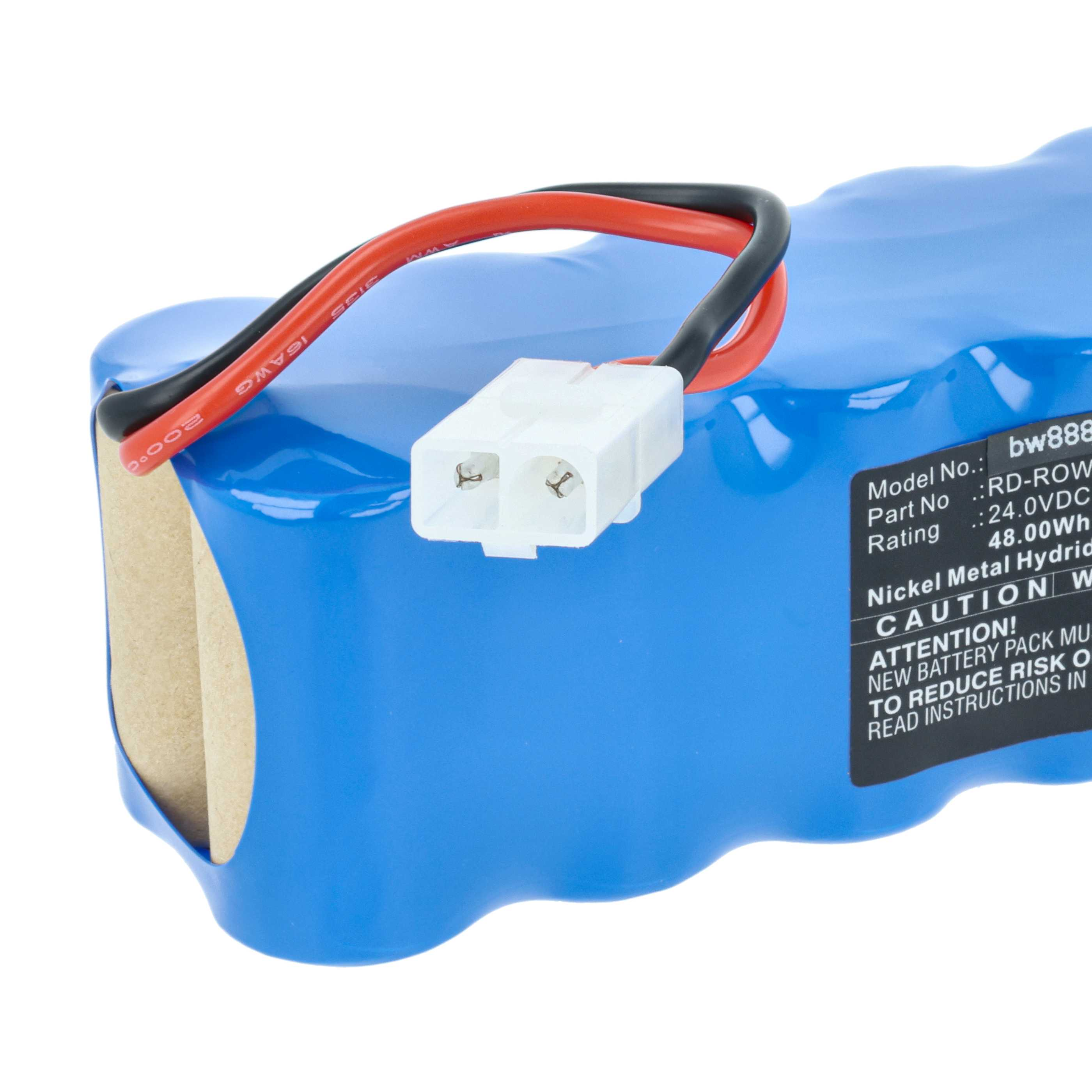 Ein blauer Akku mit schwarzen und roten Drähten und einem weißen Stecker. Der Akku hat ein Etikett mit technischen Informationen.