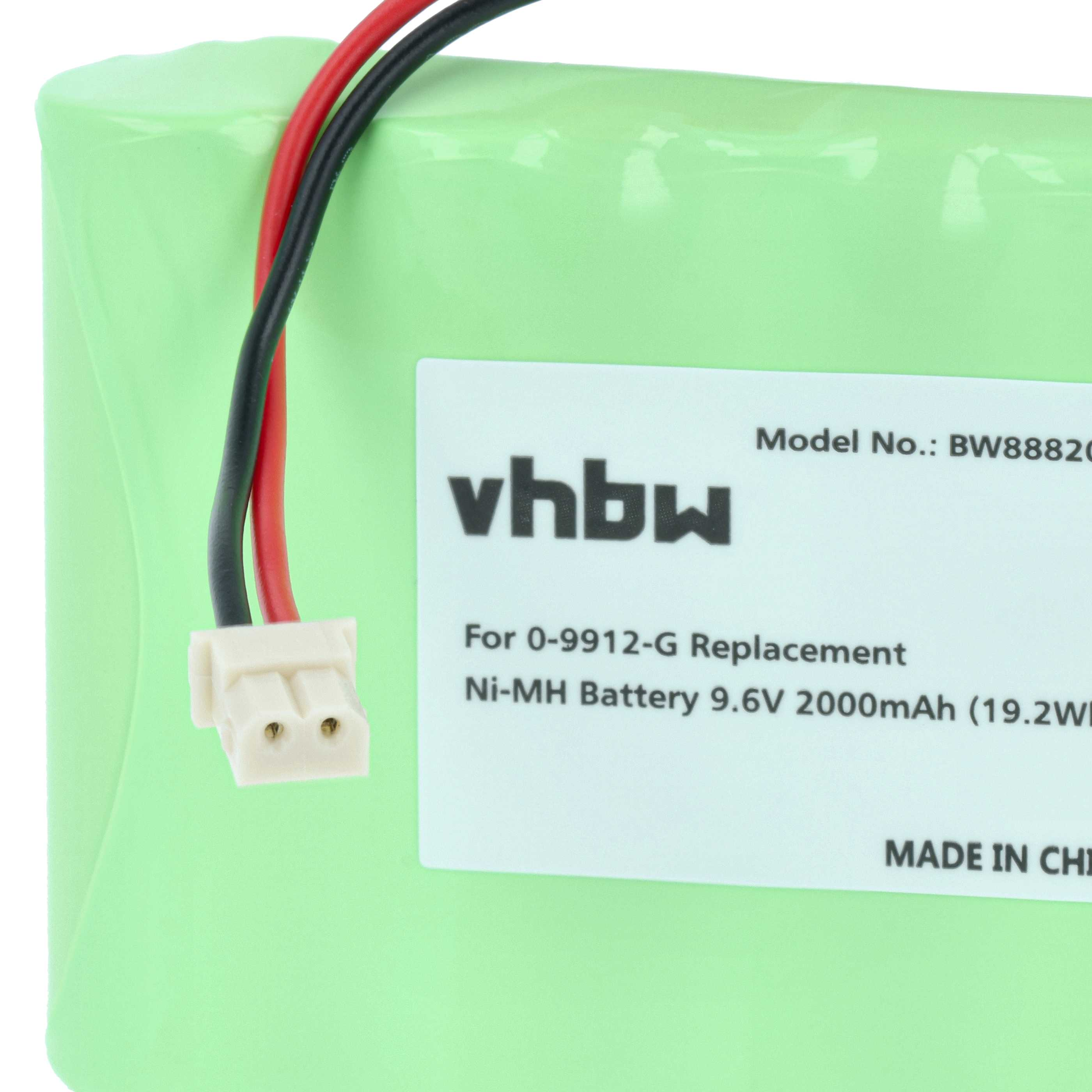 Ein grüner Akku mit schwarzen und roten Drähten, einem weißen Stecker und einem Etikett mit Text wie 'vhbw' und Spezifikationen.