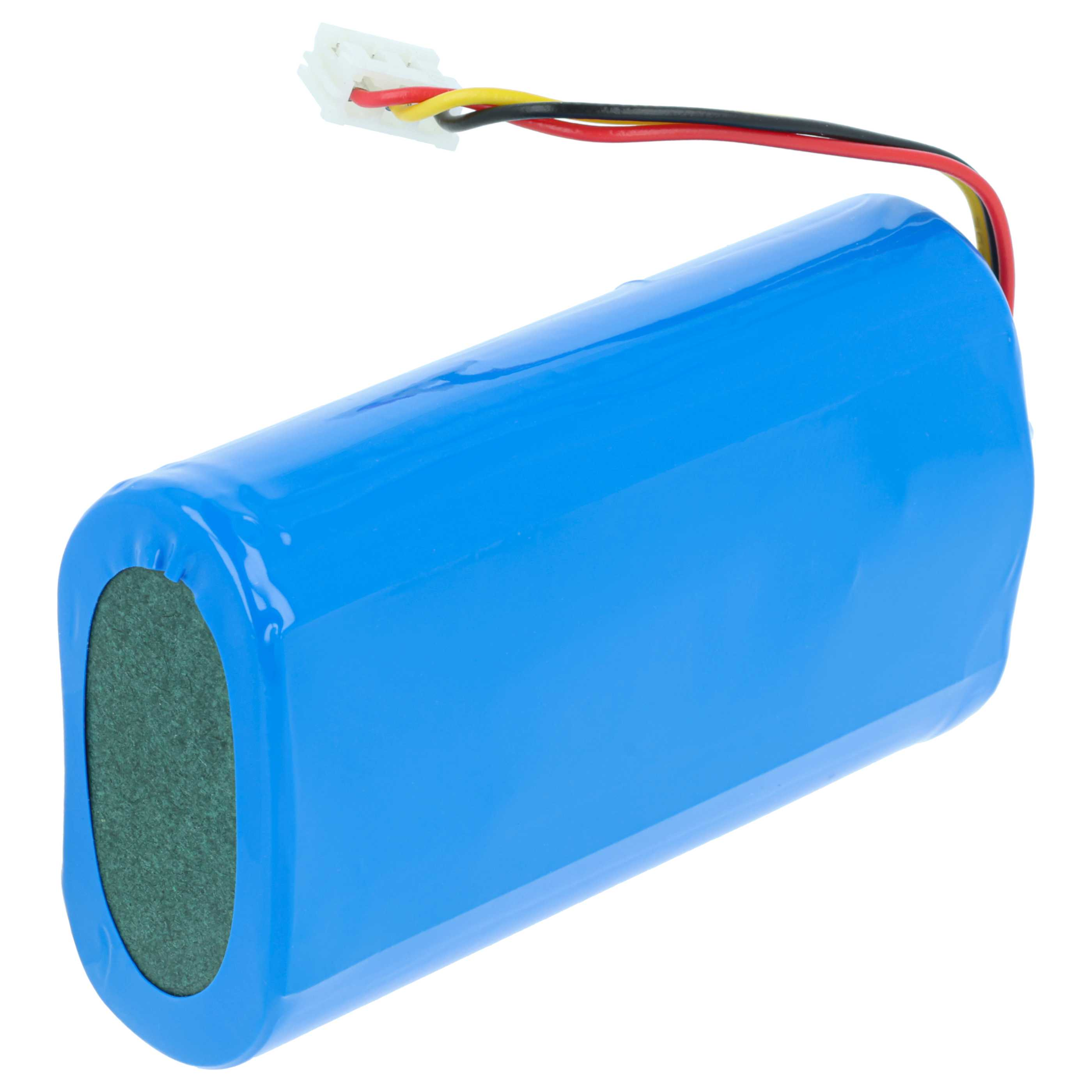 Eine blaue zylindrische Batterie mit Drähten und einem Anschluss. Die Drähte sind rot, gelb und schwarz. Der Hintergrund ist weiß.