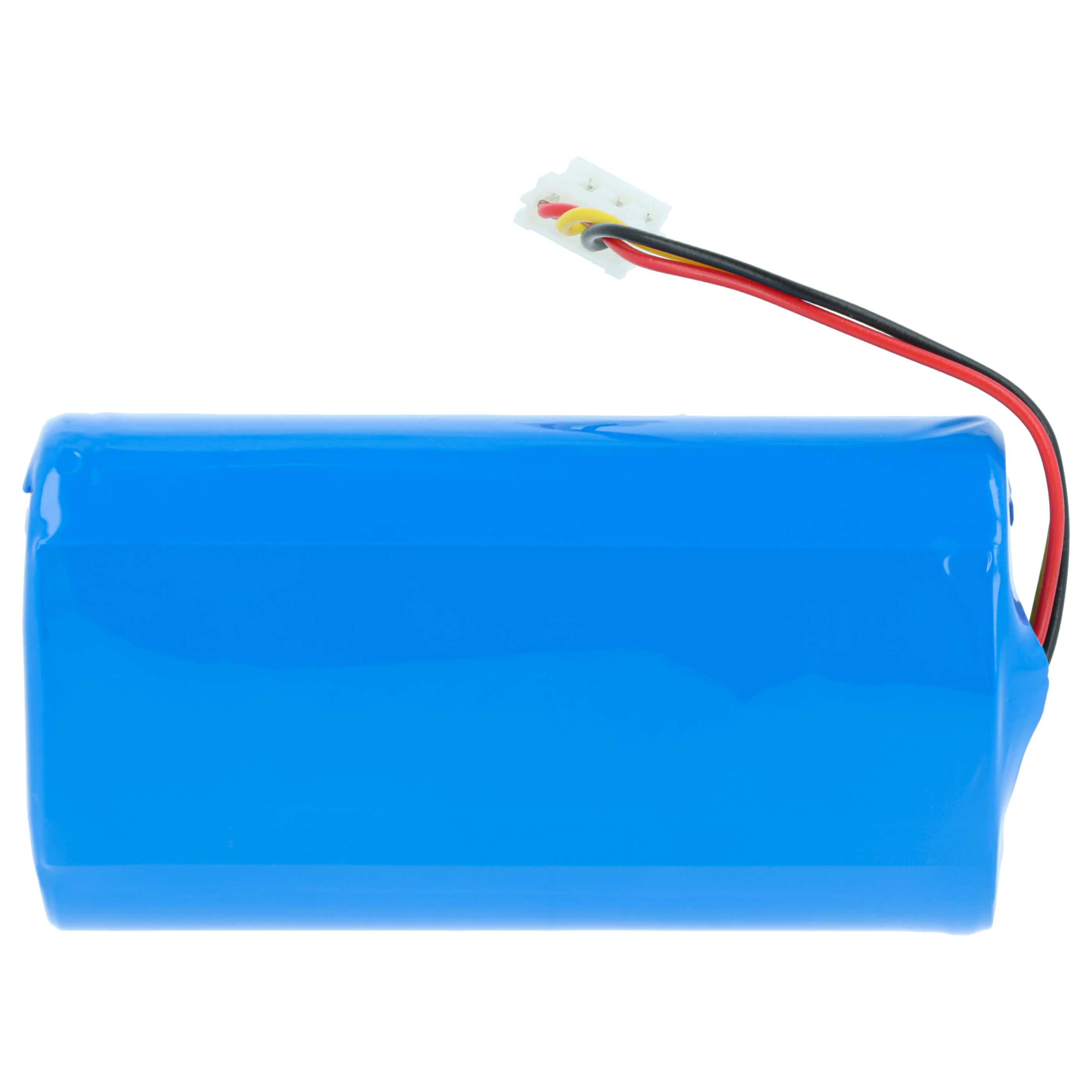 Ein blauer zylindrischer Akku mit Drähten und einem Stecker. Der Hintergrund ist weiß.