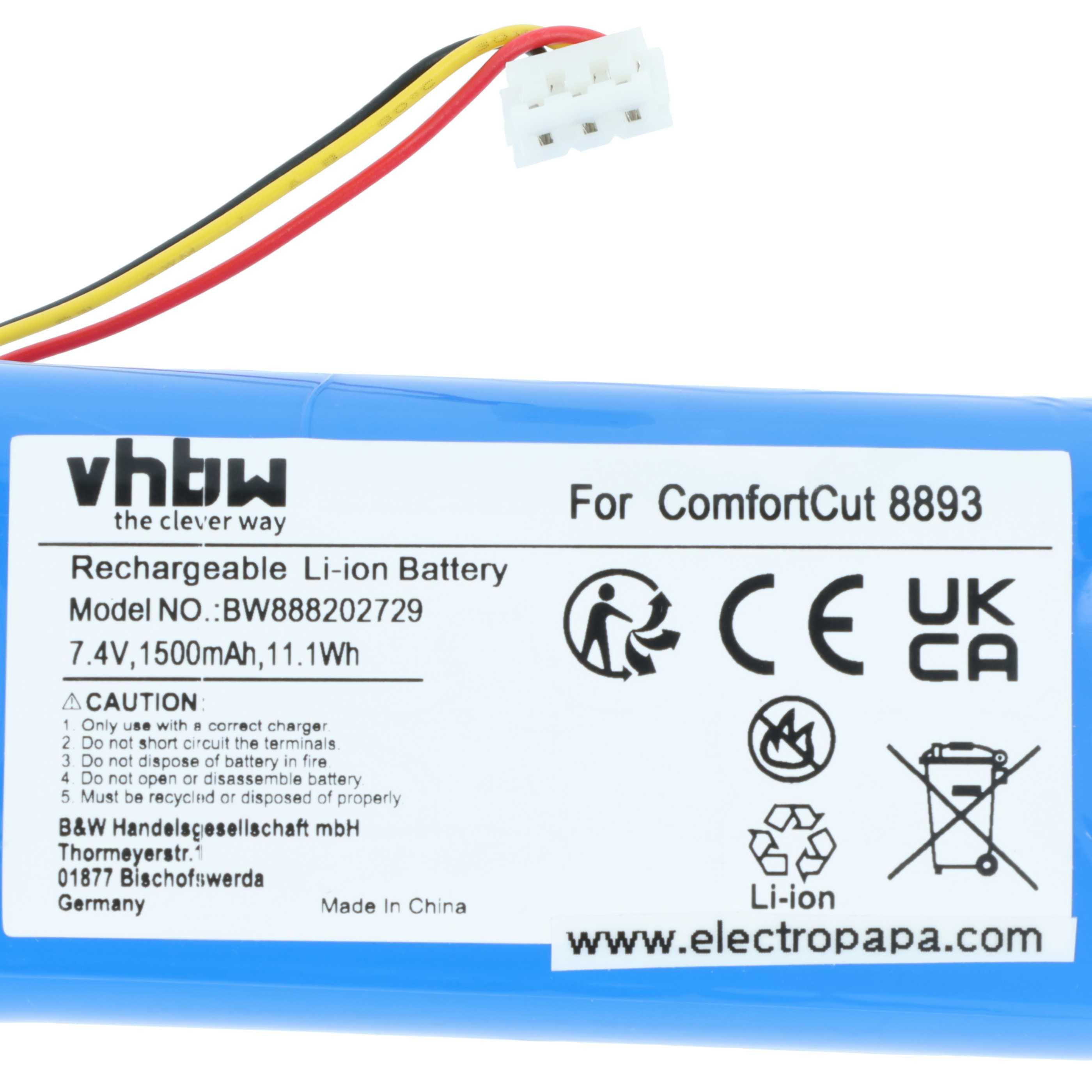 Ein blauer Akku mit weißem Text. Es hat rote, gelbe und schwarze Drähte. Der Text erwähnt 'Li-ion Battery' und 'ComfortCut 8893'.