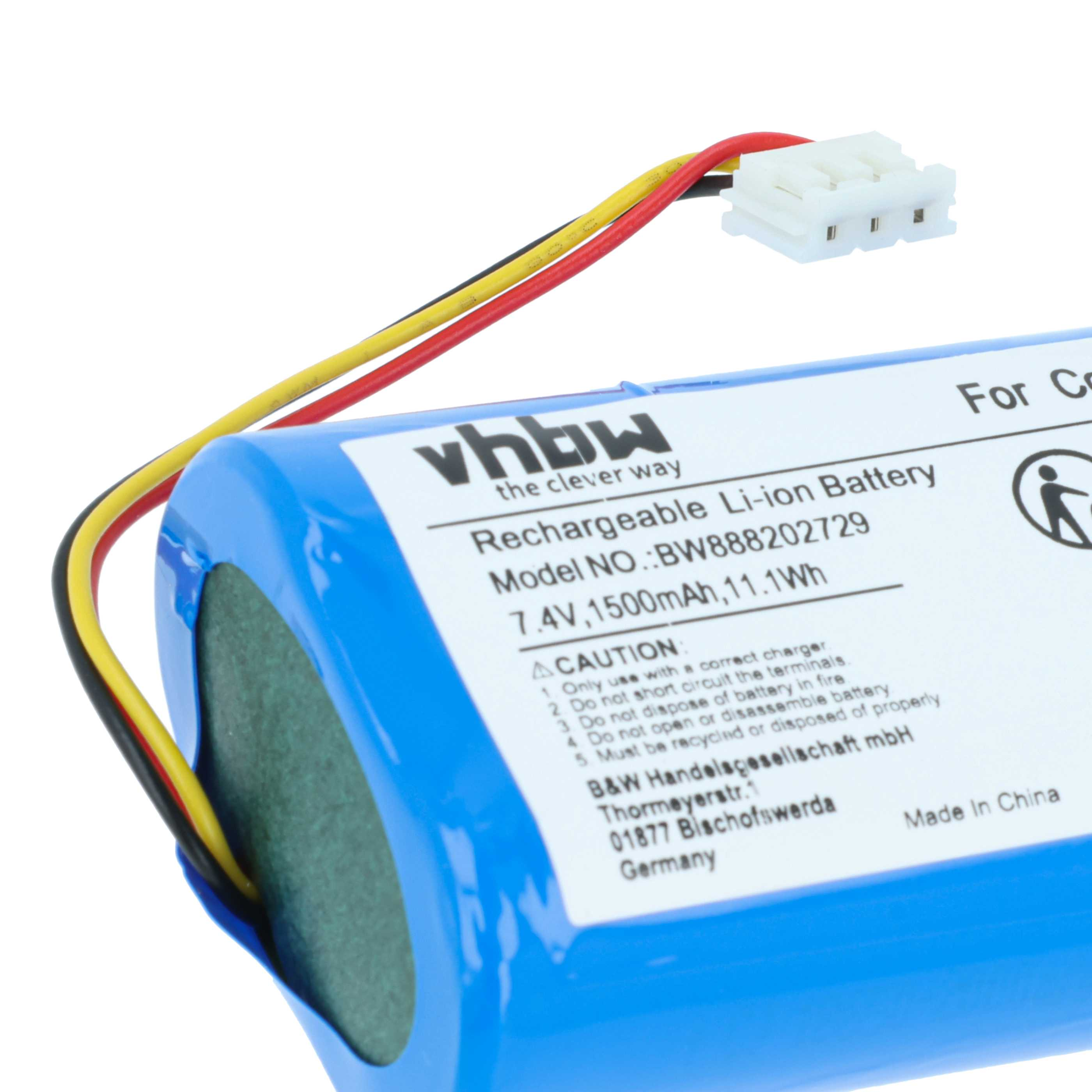 Blaue wiederaufladbare Li-Ionen-Batterie mit weißem Stecker und farbigen Drähten. Details der Batteriespezifikationen sind auf dem Etikett sichtbar.