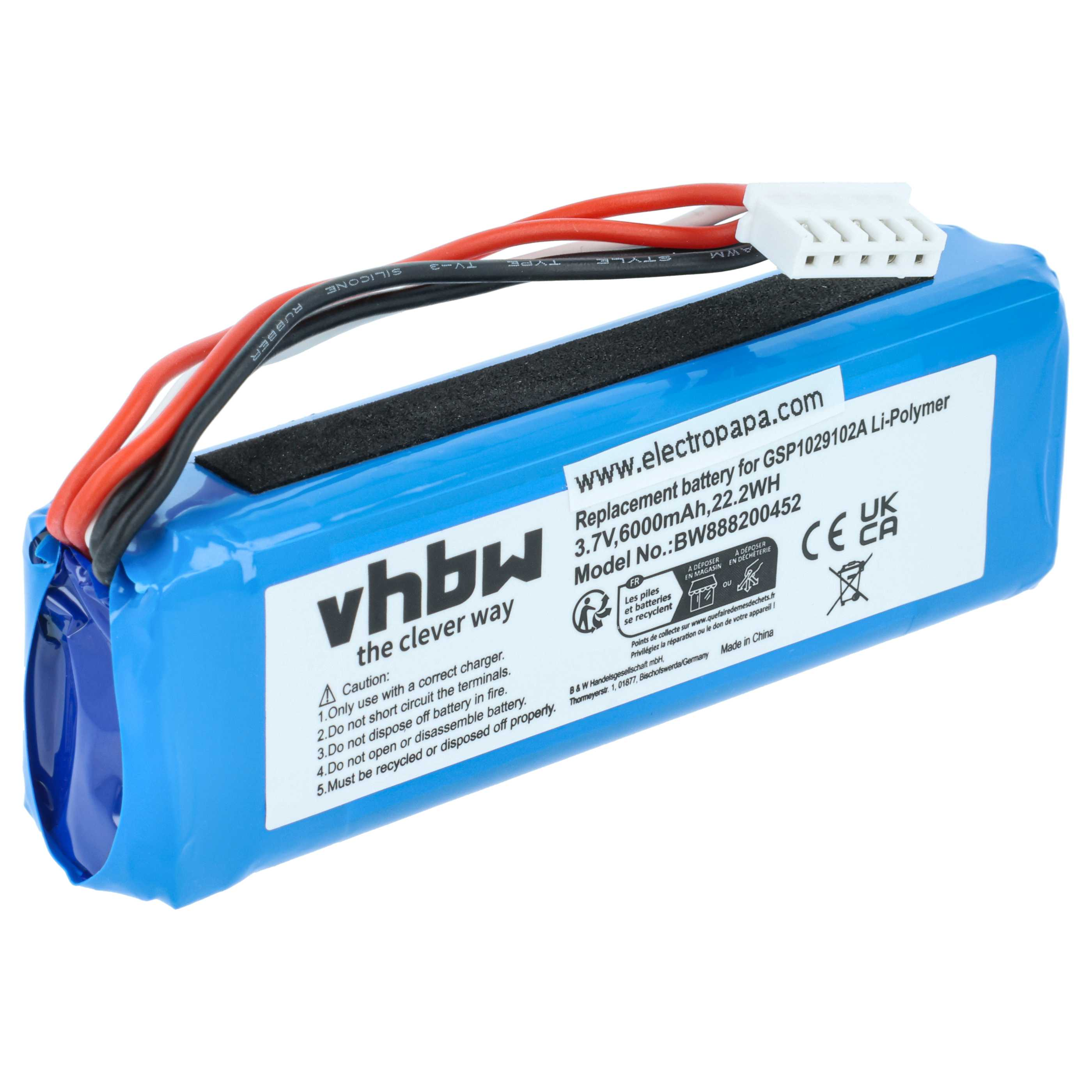 Blauer Akku mit schwarzen, roten und weißen Drähten und einem weißen Stecker. Text auf dem Akku zeigt Spezifikationen.