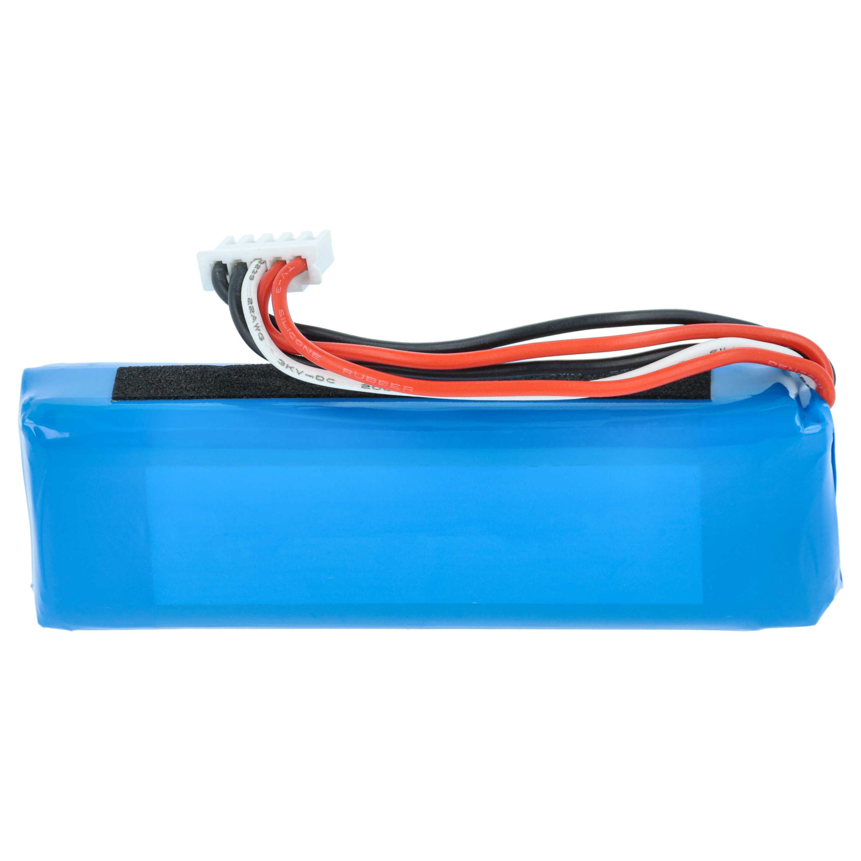 Ein blauer Akku mit Drähten, die an einen weißen Stecker angeschlossen sind. Drähte sind schwarz, rot und weiß.