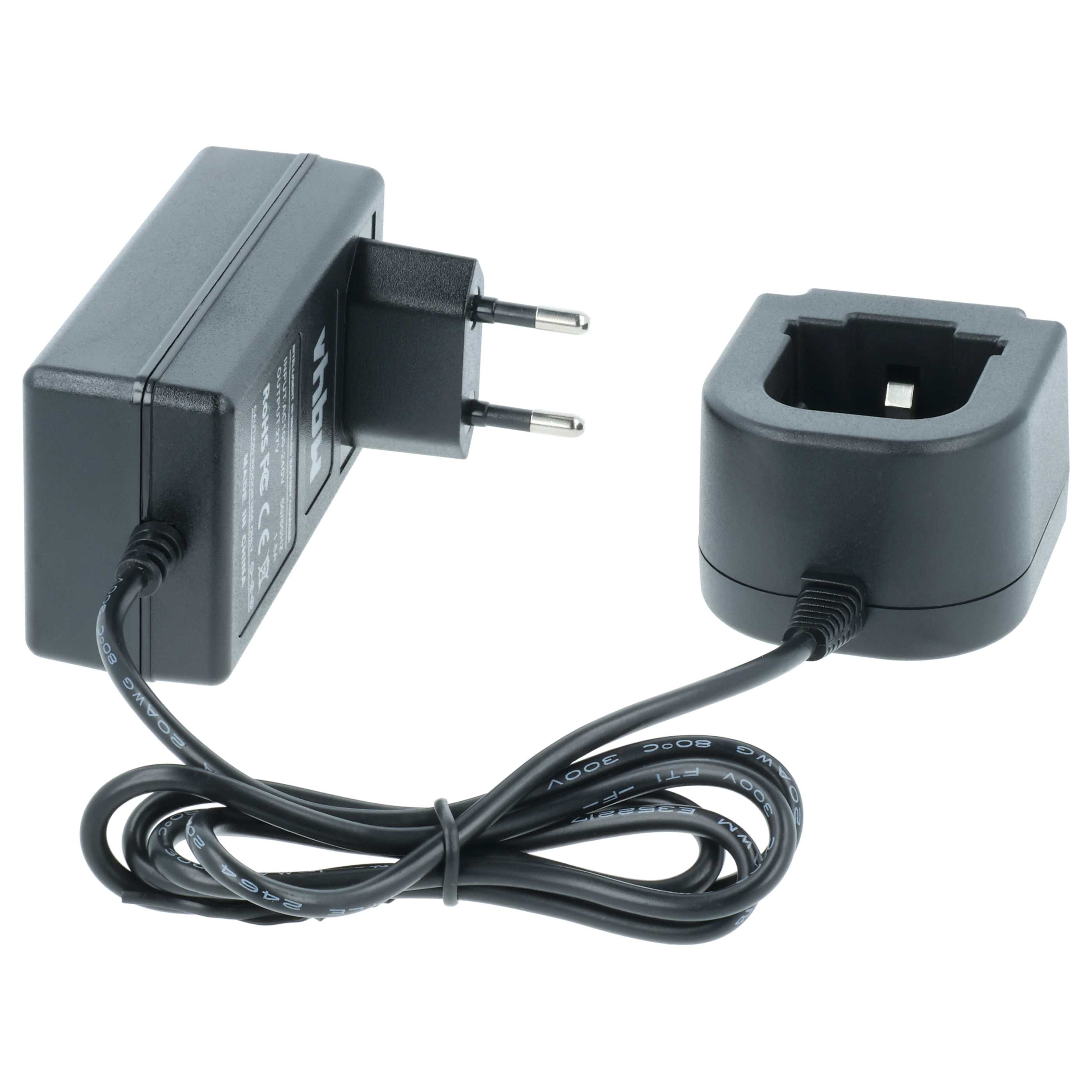 Ein schwarzes Netzteil mit Stecker und Ladestation, verbunden durch ein schwarzes Kabel. Weißer Hintergrund.