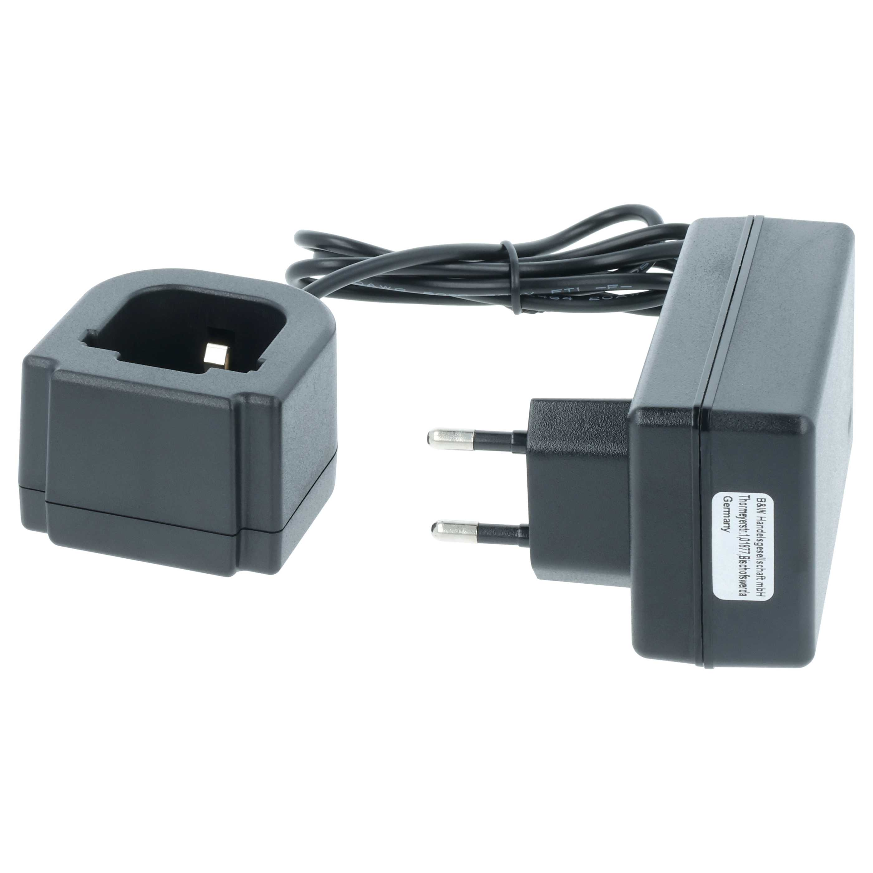 Ein schwarzes Ladegerät mit Stecker und Ladestation. Das Kabel verbindet Dock und Stecker.