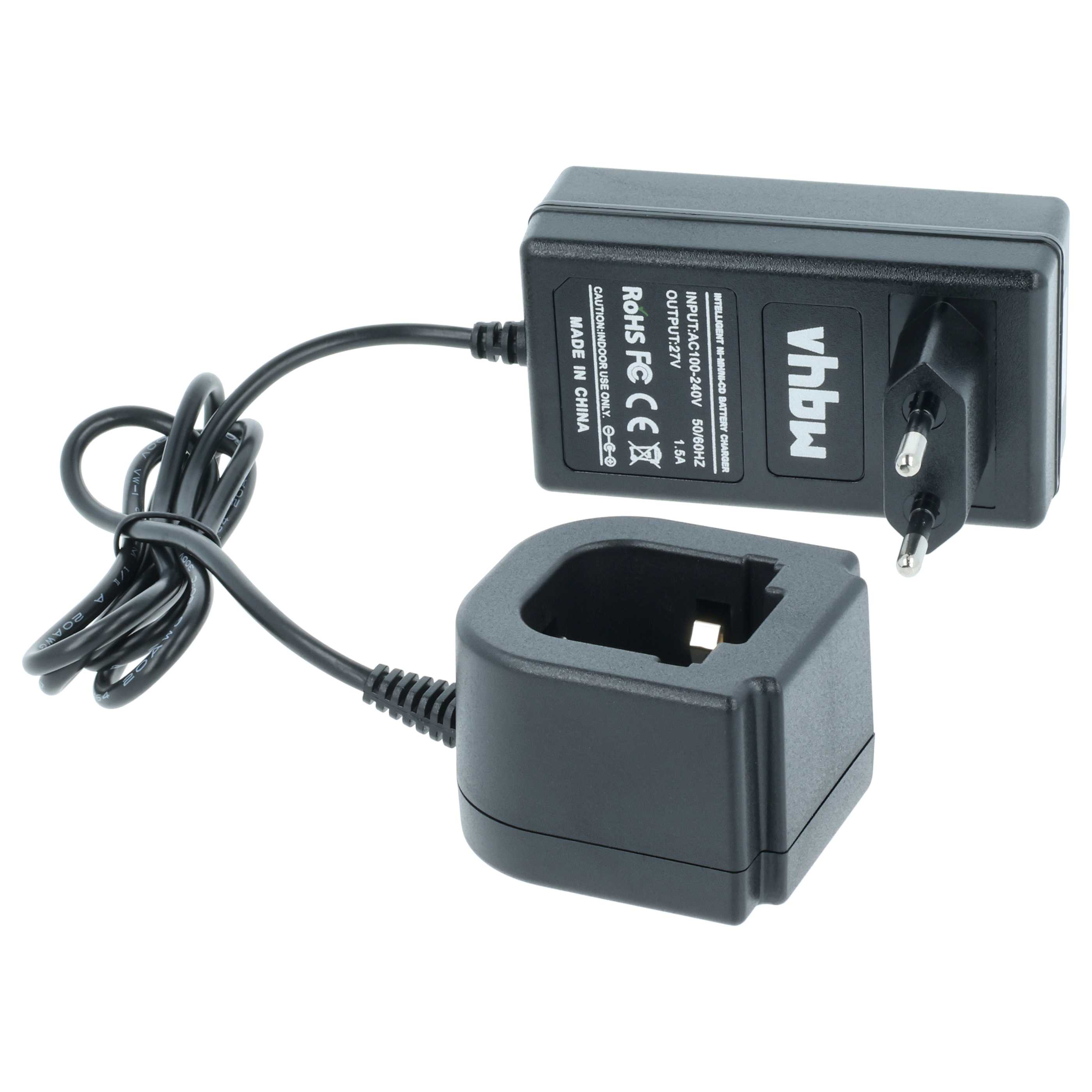 Ein schwarzes Ladegerät und eine Ladestation mit Kabel. Das Ladegerät hat einen Stecker. Weißer Hintergrund.