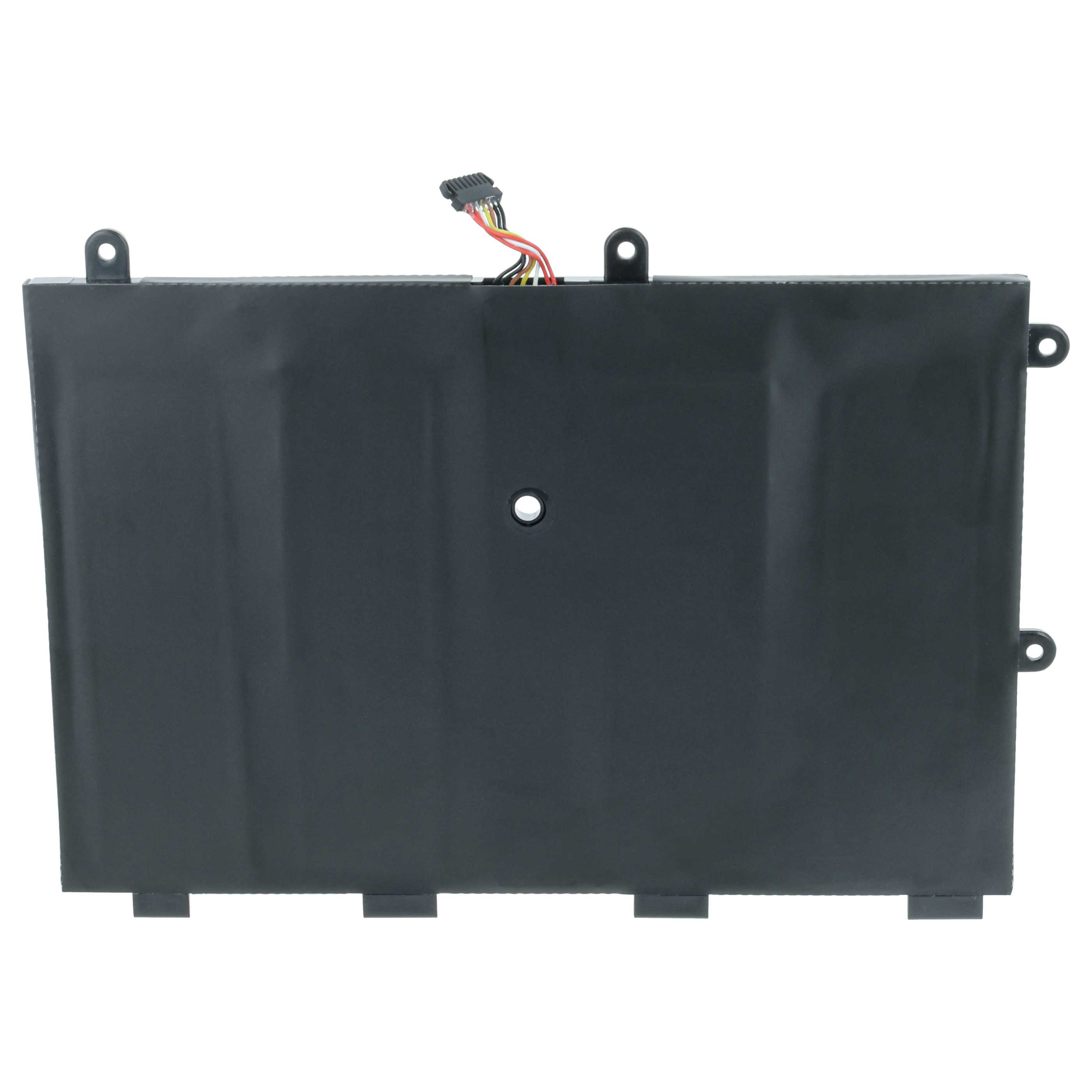 Ein schwarzer Laptop-Akku mit Stecker und Drähten. Er hat Befestigungslöcher und Laschen. Er befindet sich auf weißem Hintergrund.