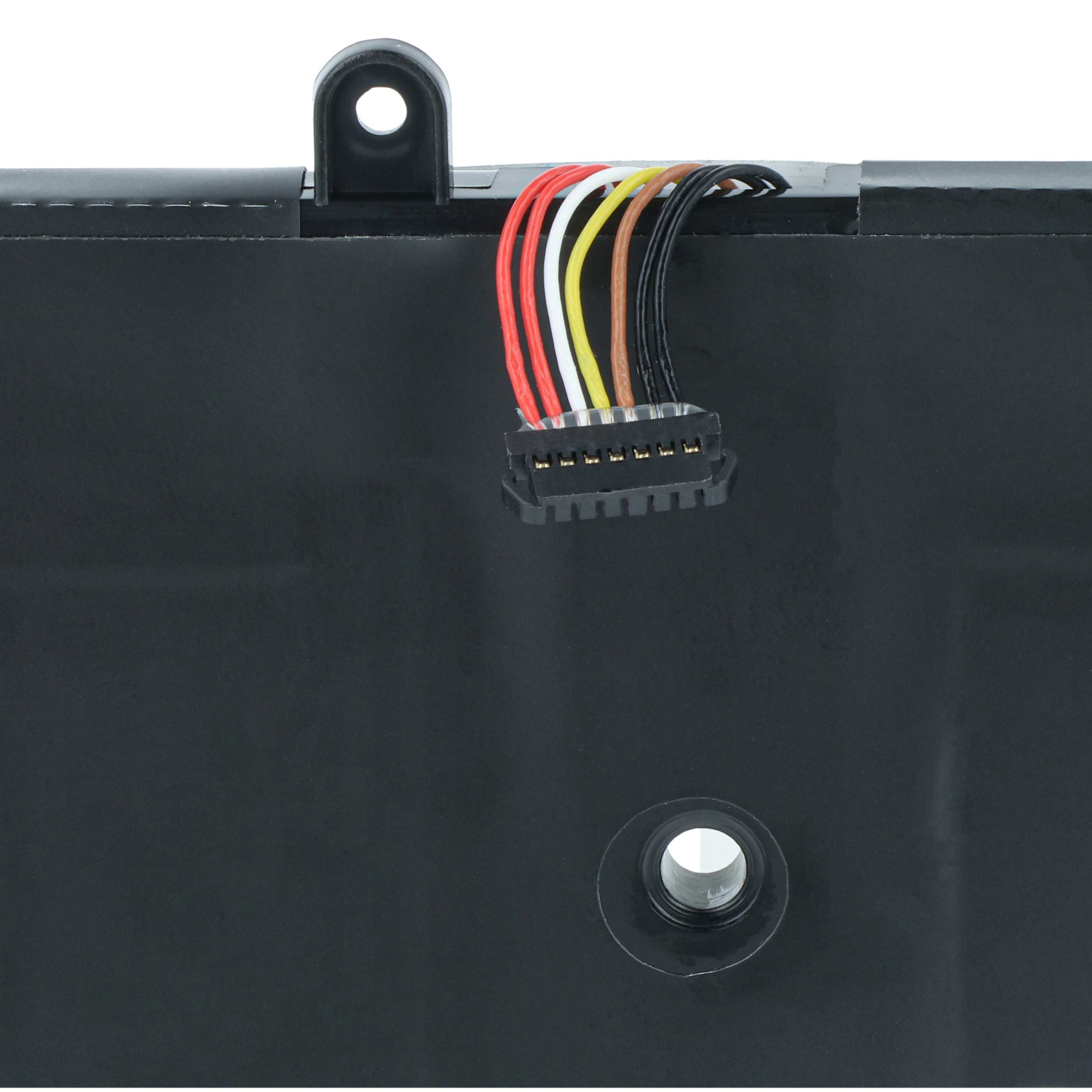 Nahaufnahme einer schwarzen elektronischen Komponente mit farbigen Drähten und einem Stecker. Das Objekt hat ein Loch.