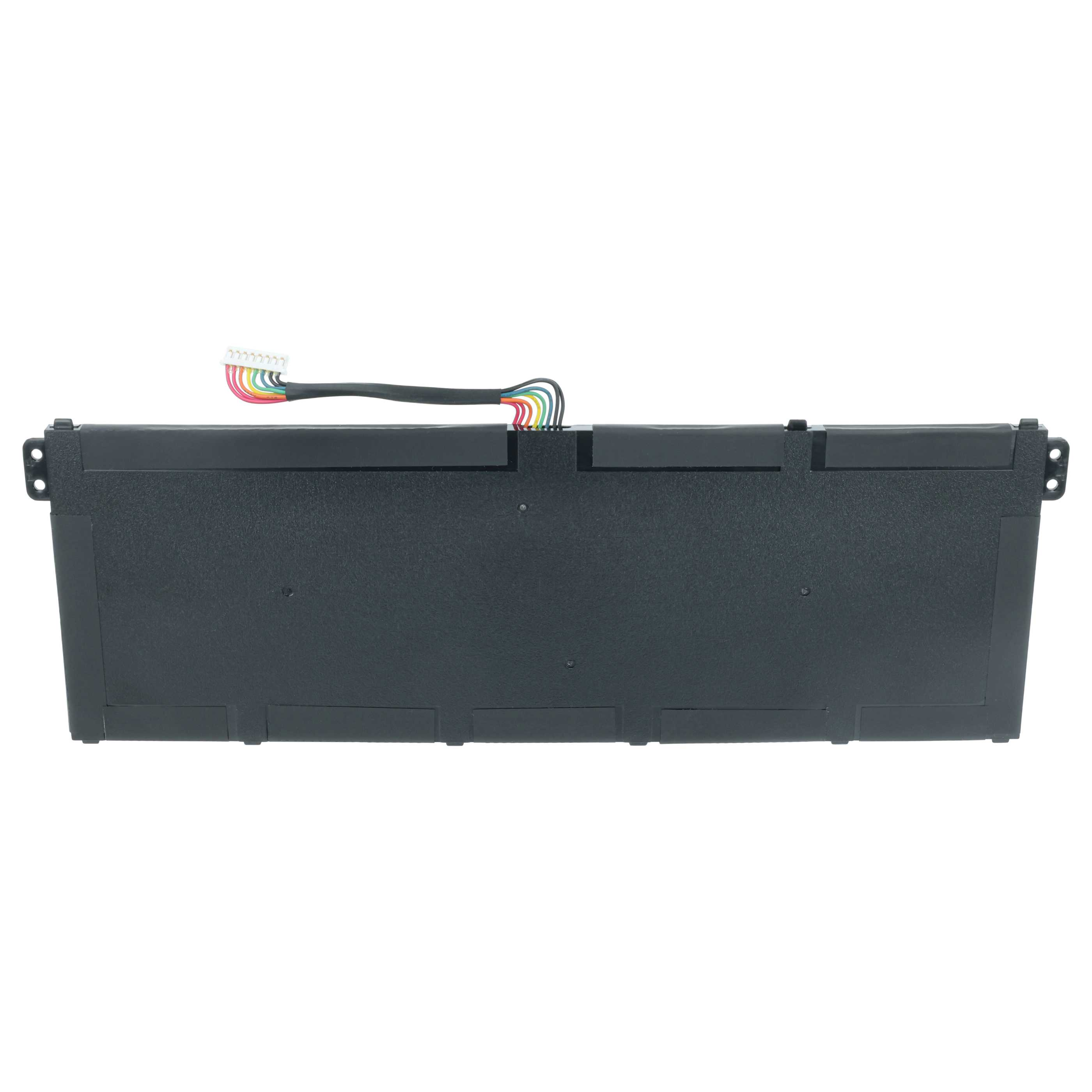 Ein rechteckiger schwarzer Laptop-Akku mit einem mehrfarbigen Drahtanschluss oben. Es ist vor weißem Hintergrund.