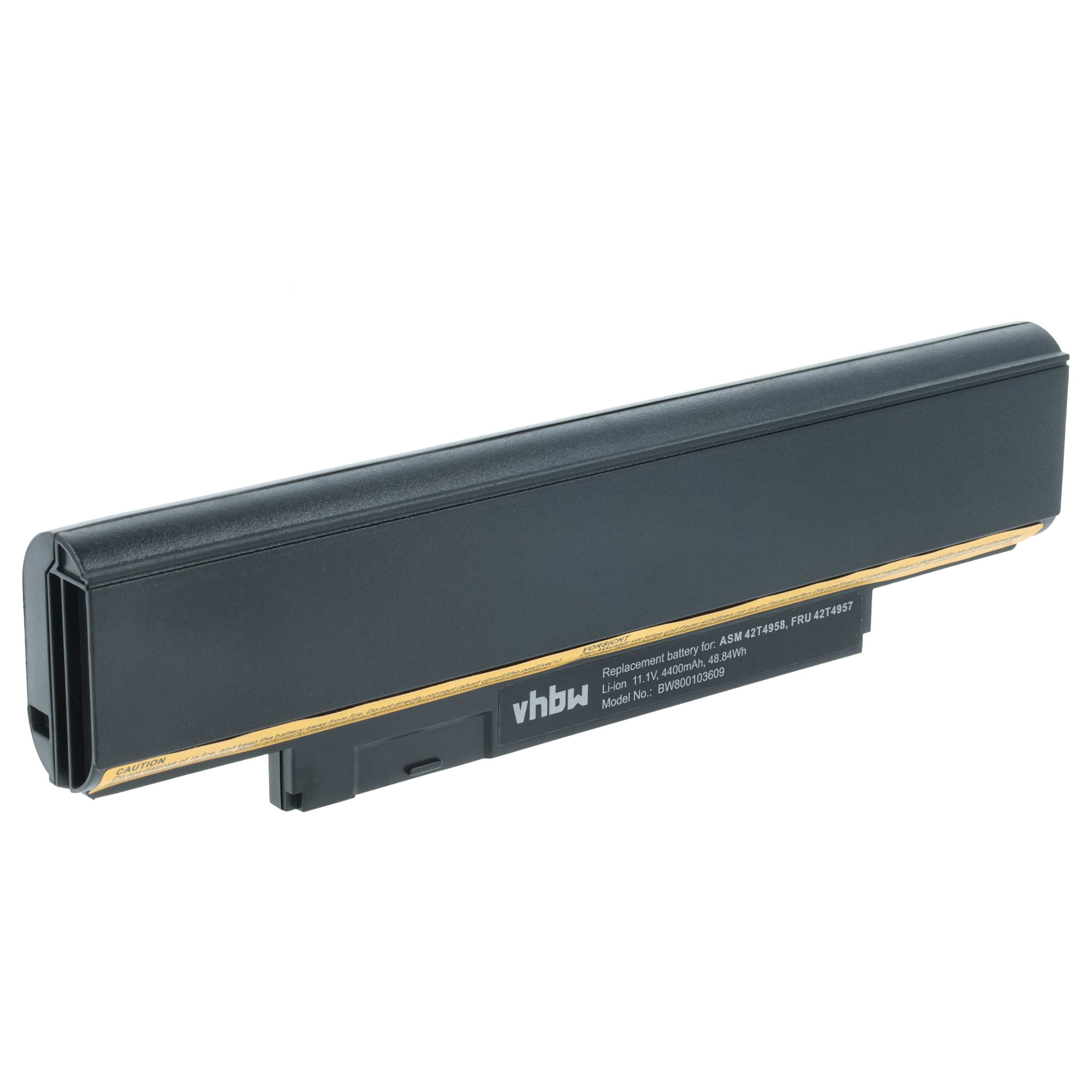 Ein schwarzer Laptop-Akku mit goldenen Akzenten. Er hat ein Etikett mit Spezifikationen und der Marke vhbw.