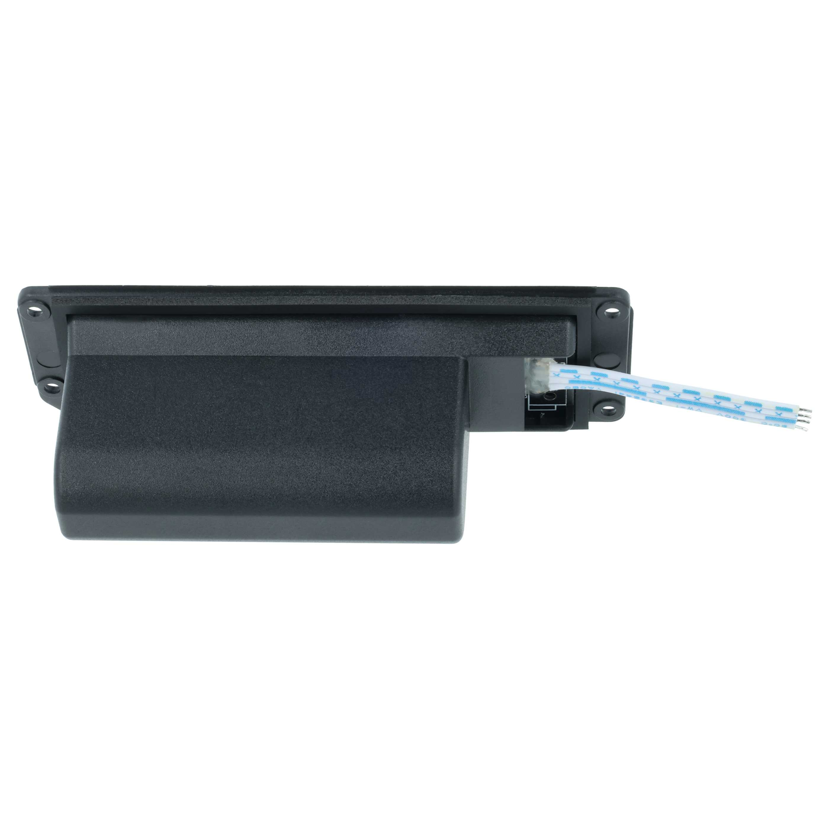 Schwarze Kunststoffkomponente mit Kabel. Rechteckige Form auf weißem Hintergrund.