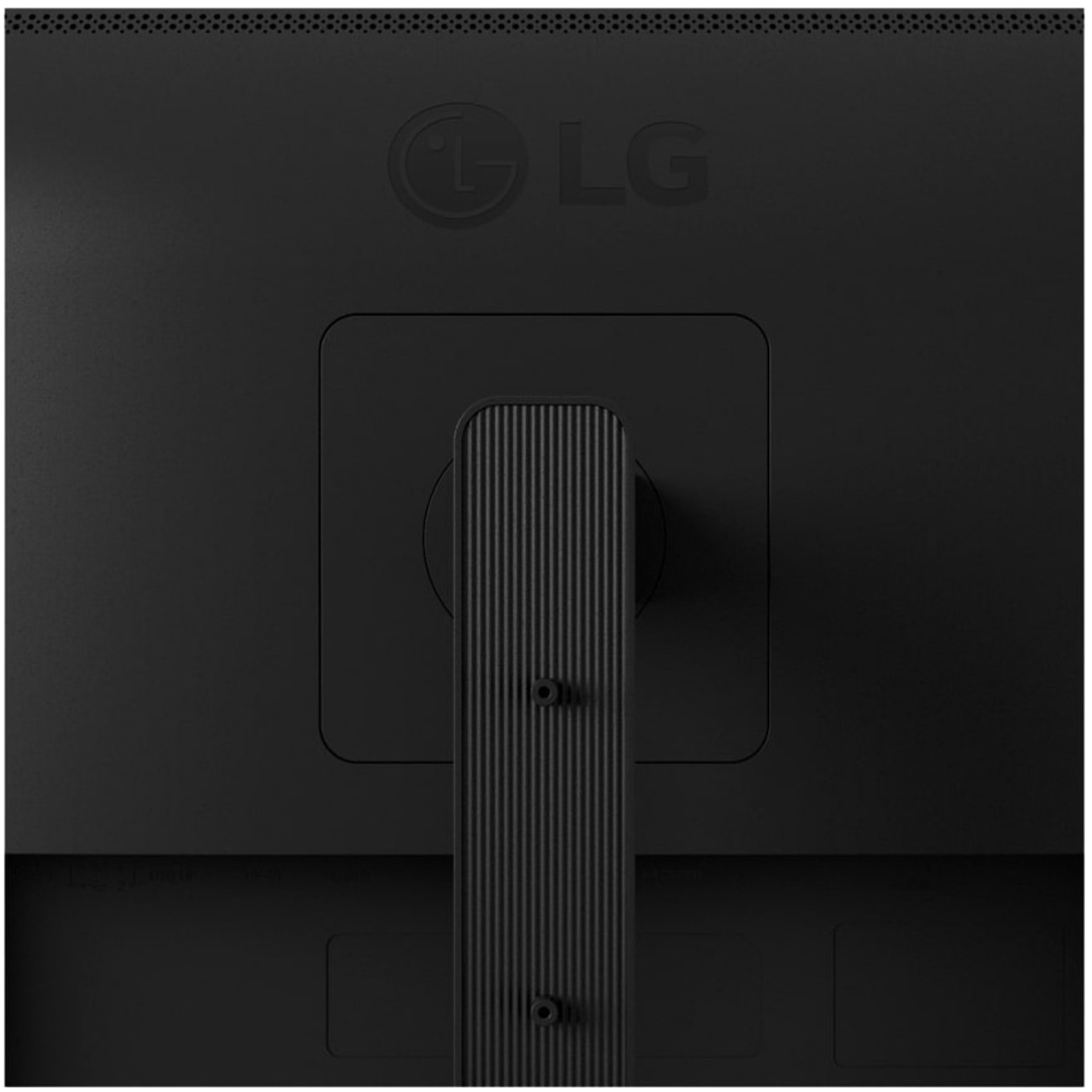 Tył czarnego monitora LG. Logo LG znajduje się na górze pośrodku. Stojak jest pośrodku. Porty znajdują się na dole.