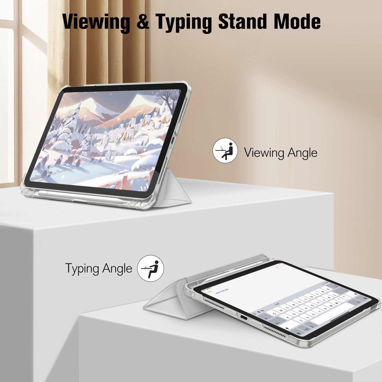 Ein iPad in einer transparenten Hülle im Betrachtungs- und Tippständer-Modus. Zeigt eine Schneelandschaft. Text: Betrachtungs- und Tippständer-Modus.