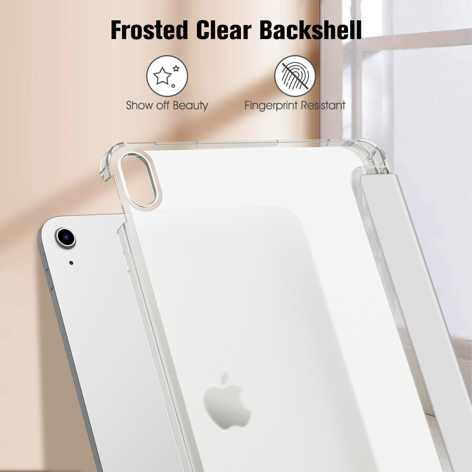 Eine transparente Handyhülle über einem weißen Tablet. Die Hülle ist mit "Frosted Clear Backshell" und "Show off Beauty" beschriftet.