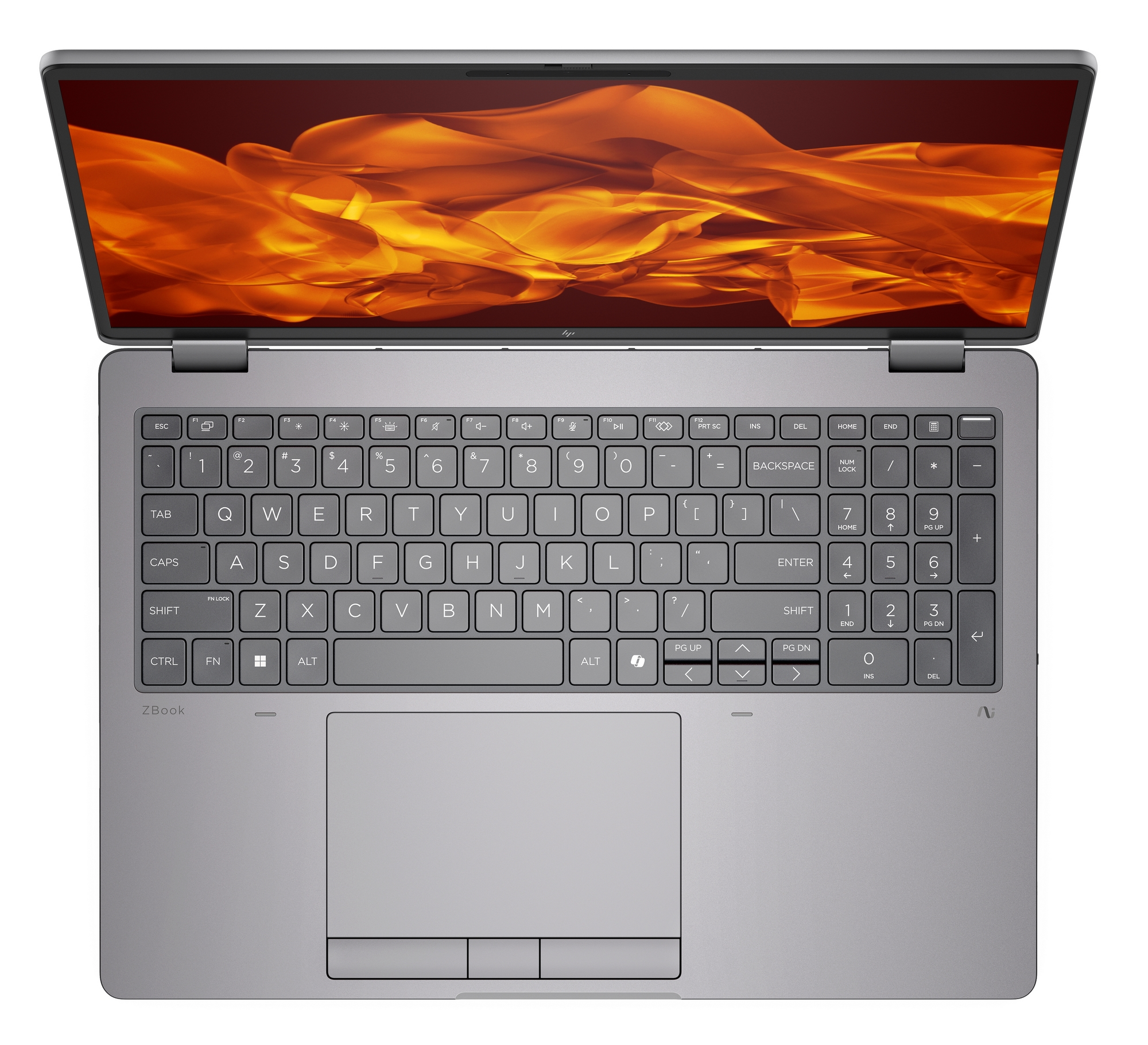 Laptop aperto, con tastiera e schermo con design astratto arancione e giallo. Corpo grigio, tasti neri, touchpad sotto.