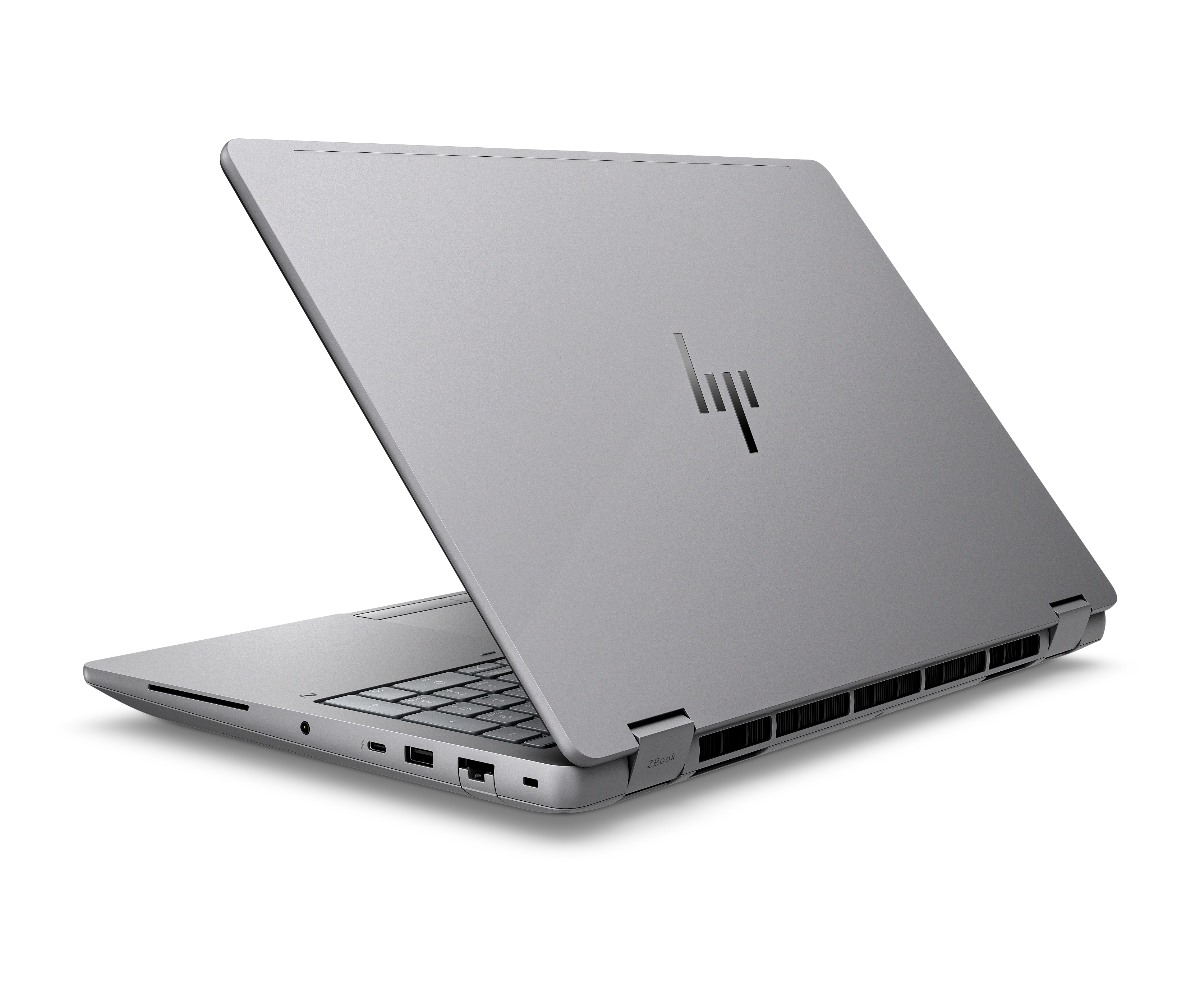 Laptop HP argentato, parzialmente aperto. Il logo HP è visibile. Lo sfondo è bianco, evidenziando il laptop.