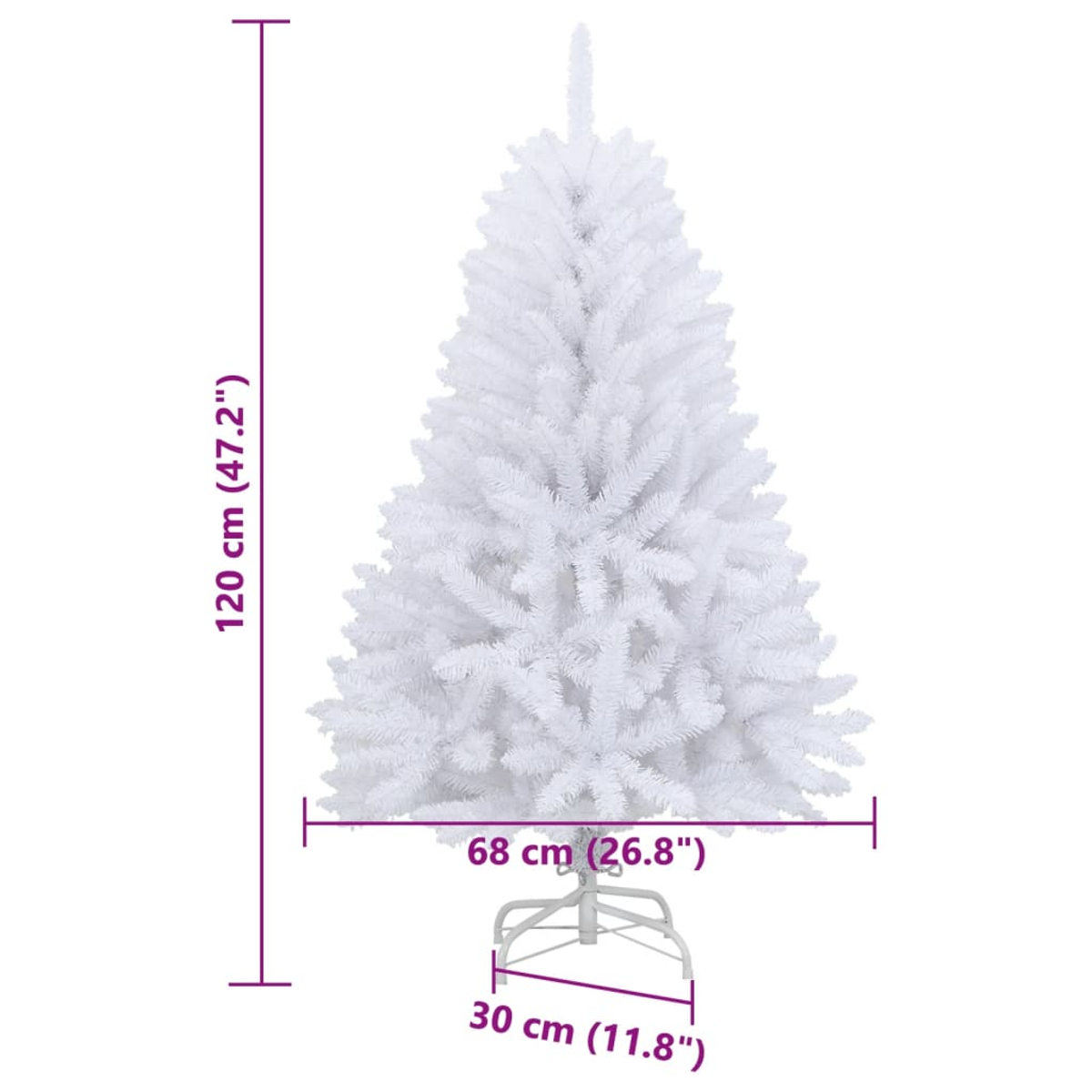Ein weißer künstlicher Weihnachtsbaum mit Maßangaben. Der Baum ist 120 cm hoch und 68 cm breit, mit einer 30 cm Basis.