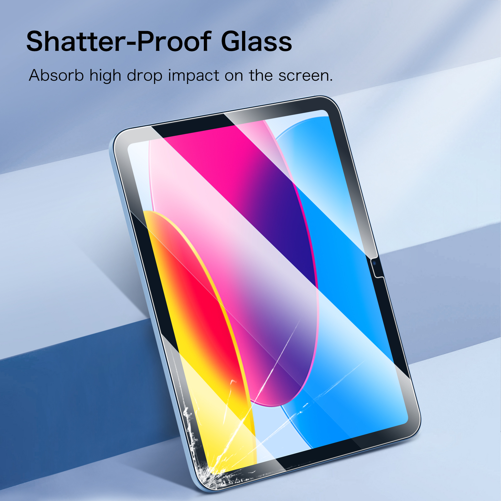 Tabletbildschirm mit Schutzglas. Der Bildschirm zeigt farbenfrohe abstrakte Bilder. Das Glas weist Risse auf.