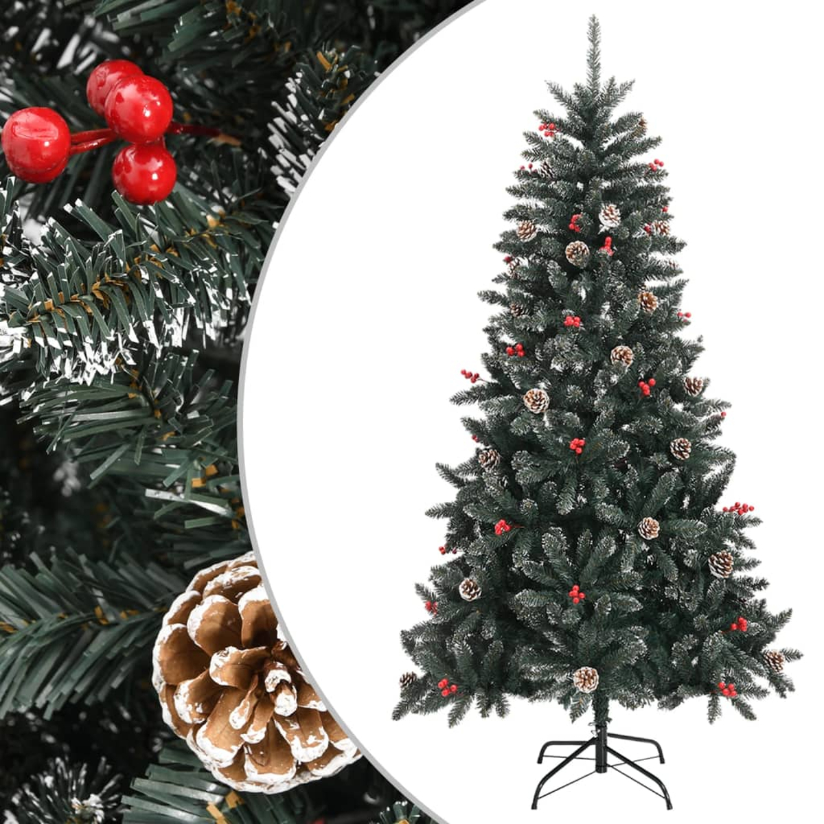 Ein Weihnachtsbaum mit roten Beeren und Tannenzapfen. Er hat grüne Zweige und einen schwarzen Ständer. Im Vordergrund befindet sich auch ein Tannenzapfen.