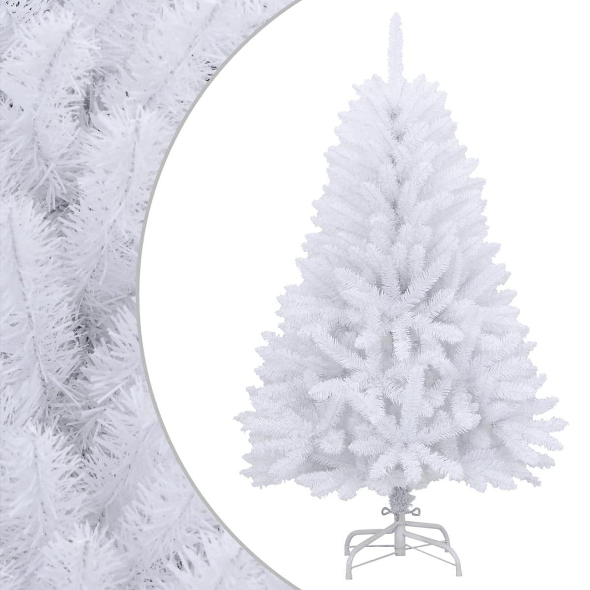 Ein weißer künstlicher Weihnachtsbaum. Der Baum ist vollständig mit weißen Nadeln bedeckt und steht auf einem weißen Metallständer.