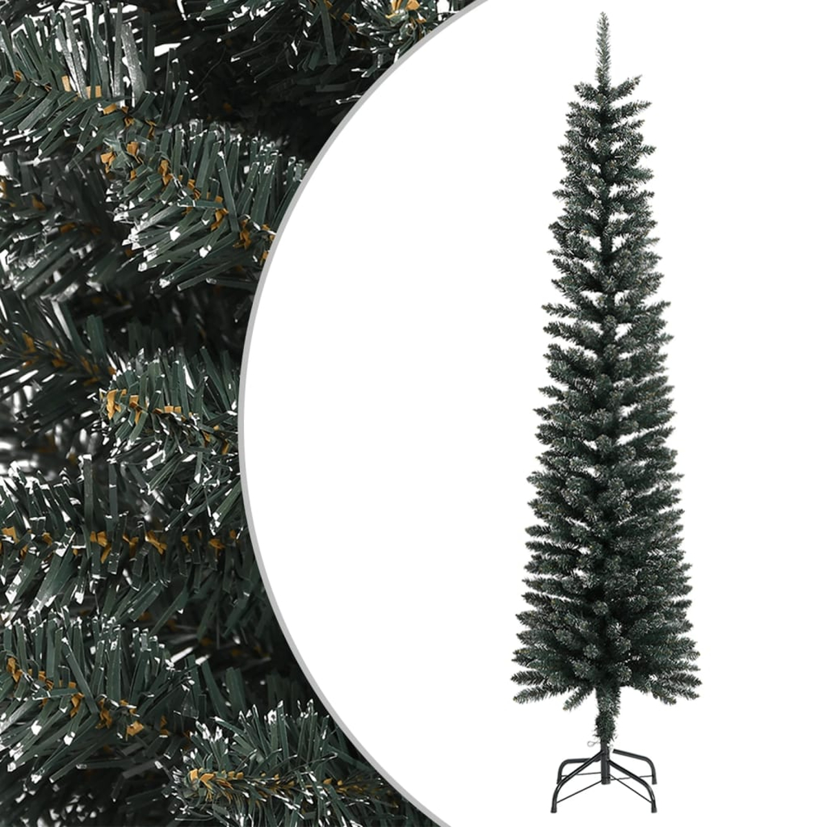 Ein schlanker, künstlicher Weihnachtsbaum. Dunkelgrüne Nadeln mit spärlichen weißen Spitzen. Auf einem schwarzen Metallständer vor weißem Hintergrund.