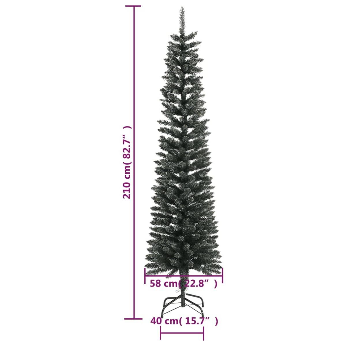 Ein hoher, schlanker, künstlicher Weihnachtsbaum wird vor einem weißen Hintergrund dargestellt. Maße sind in Lila angegeben, mit Messungen.
