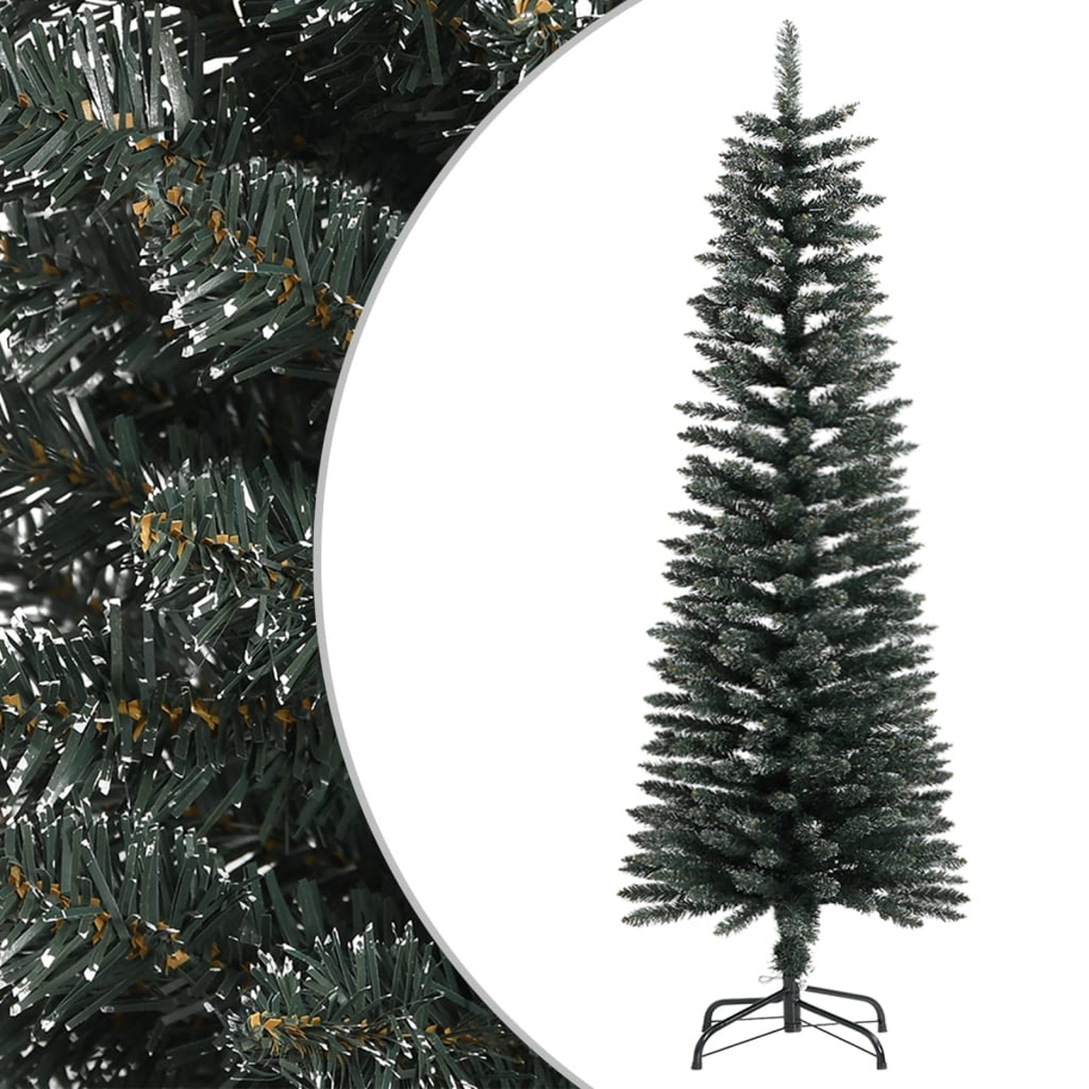 Ein hoher, schlanker Weihnachtsbaum. Dunkelgrüne Nadeln, schwarzer Metallständer. Der Hintergrund ist weiß. Ein Teil des Baumes ist links.