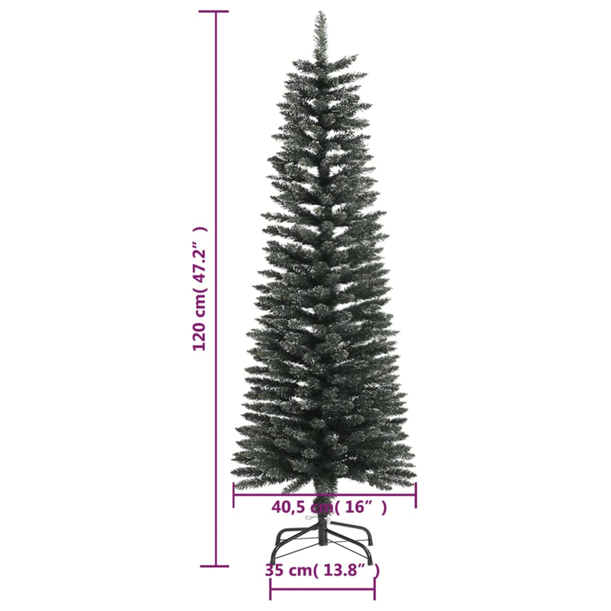 Ein hoher, schlanker künstlicher Weihnachtsbaum auf weißem Hintergrund. Maße sind angegeben: 120 cm hoch, 40,5 cm breit und 35 cm Basis.