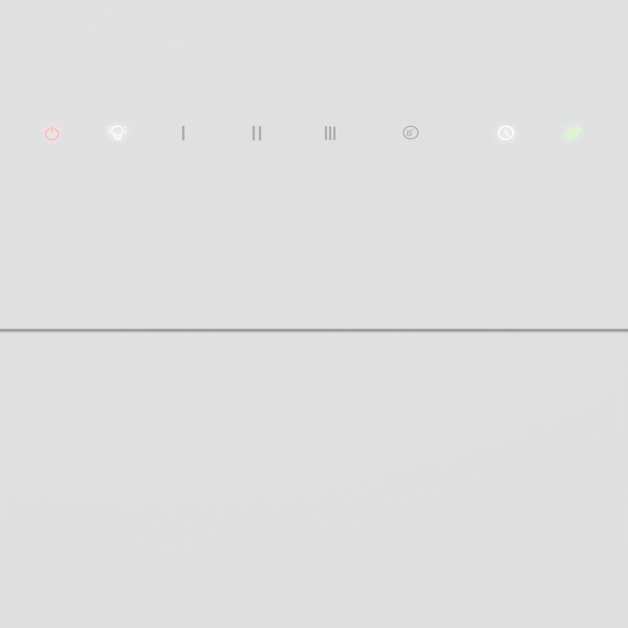 Un pannello di controllo con icone: accensione, luce, tre linee, pausa, timer e un segnale. Sfondo bianco.