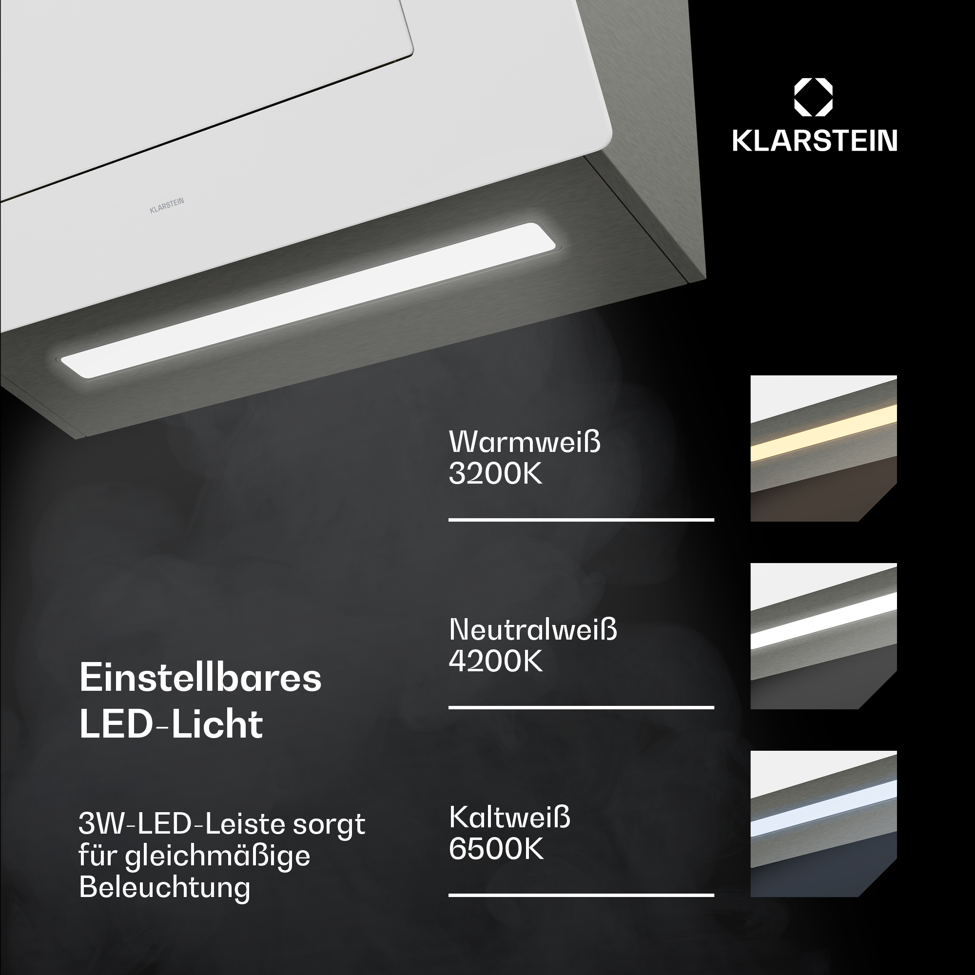 Un elettrodomestico da cucina con luce LED regolabile. L'immagine mostra diverse opzioni di colore della luce. Il logo Klarstein è visibile.