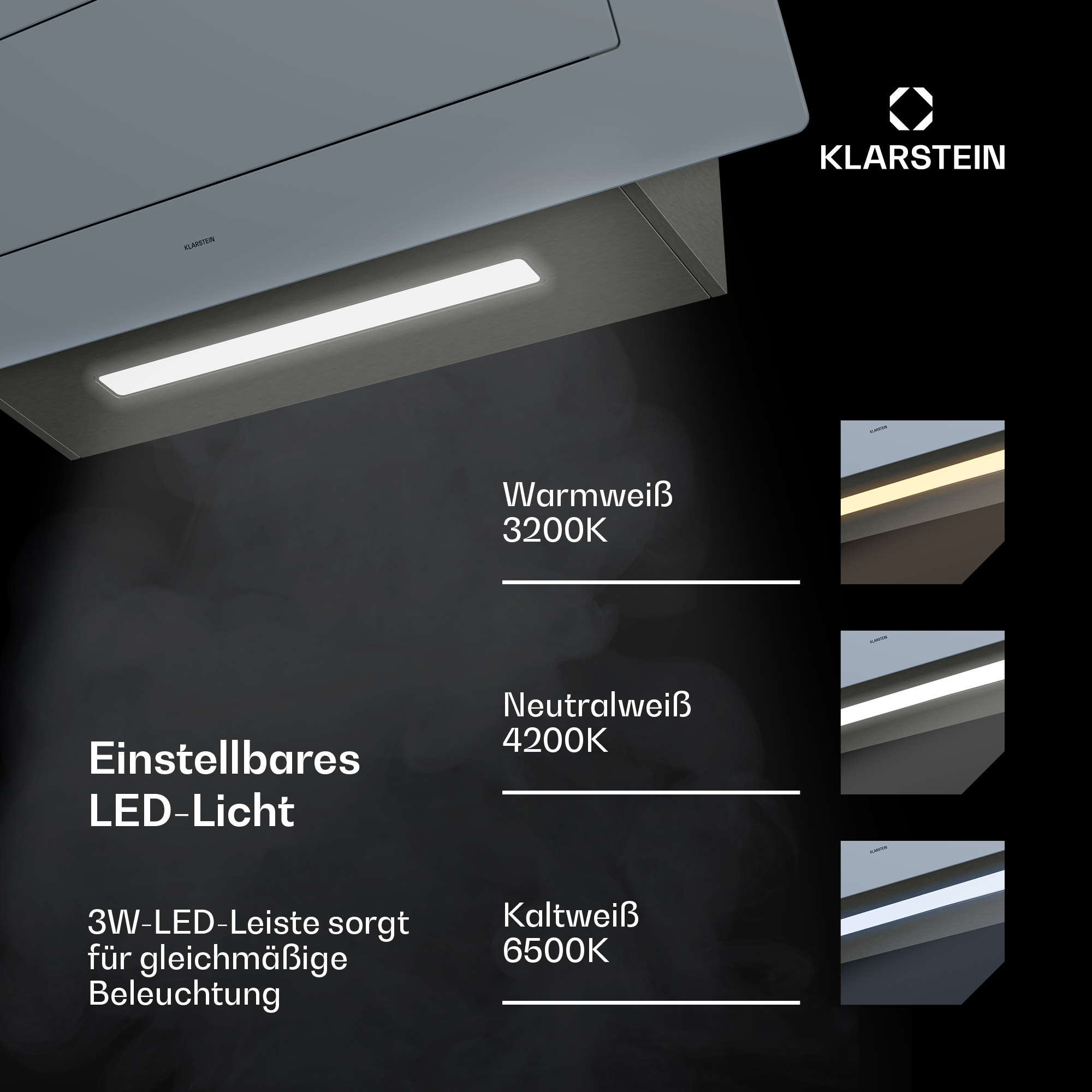 L'immagine mostra una luce LED Klarstein. È regolabile, con opzioni di luce bianca calda, neutra e fredda. Testo ed esempi presenti.