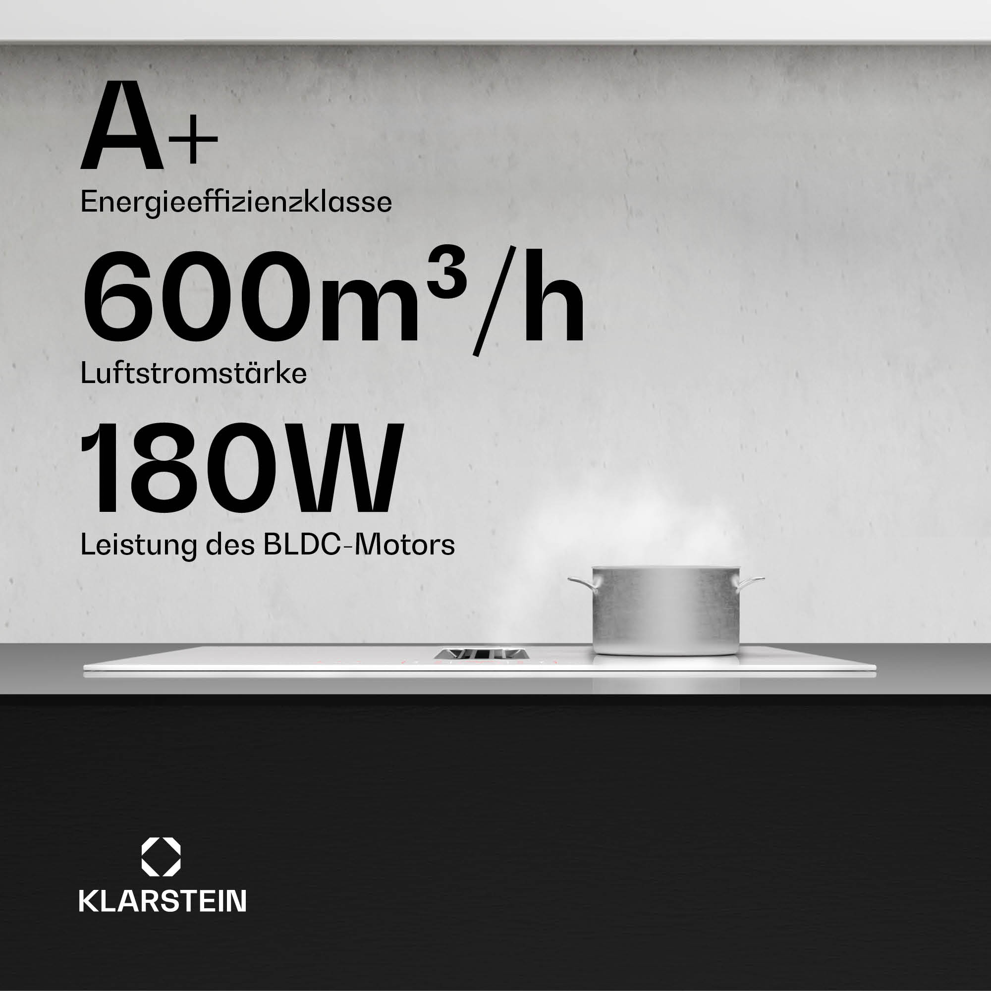 L'immagine mostra un piano cottura con una pentola e vapore, più testo che indica efficienza energetica e potenza.