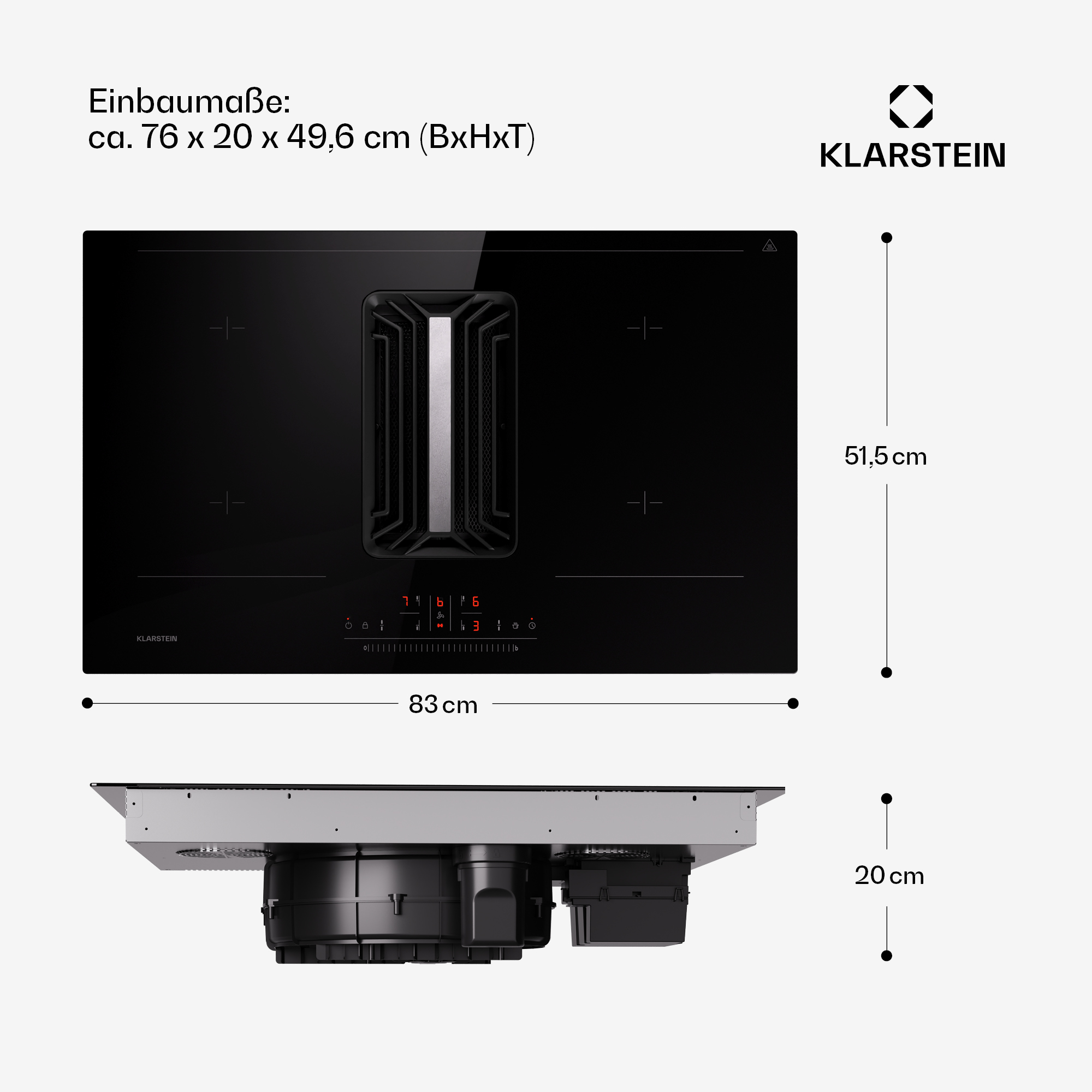 Schwarzes Induktionskochfeld mit integriertem Dunstabzug. Abmessungen werden angezeigt. Klarstein-Logo oben rechts.