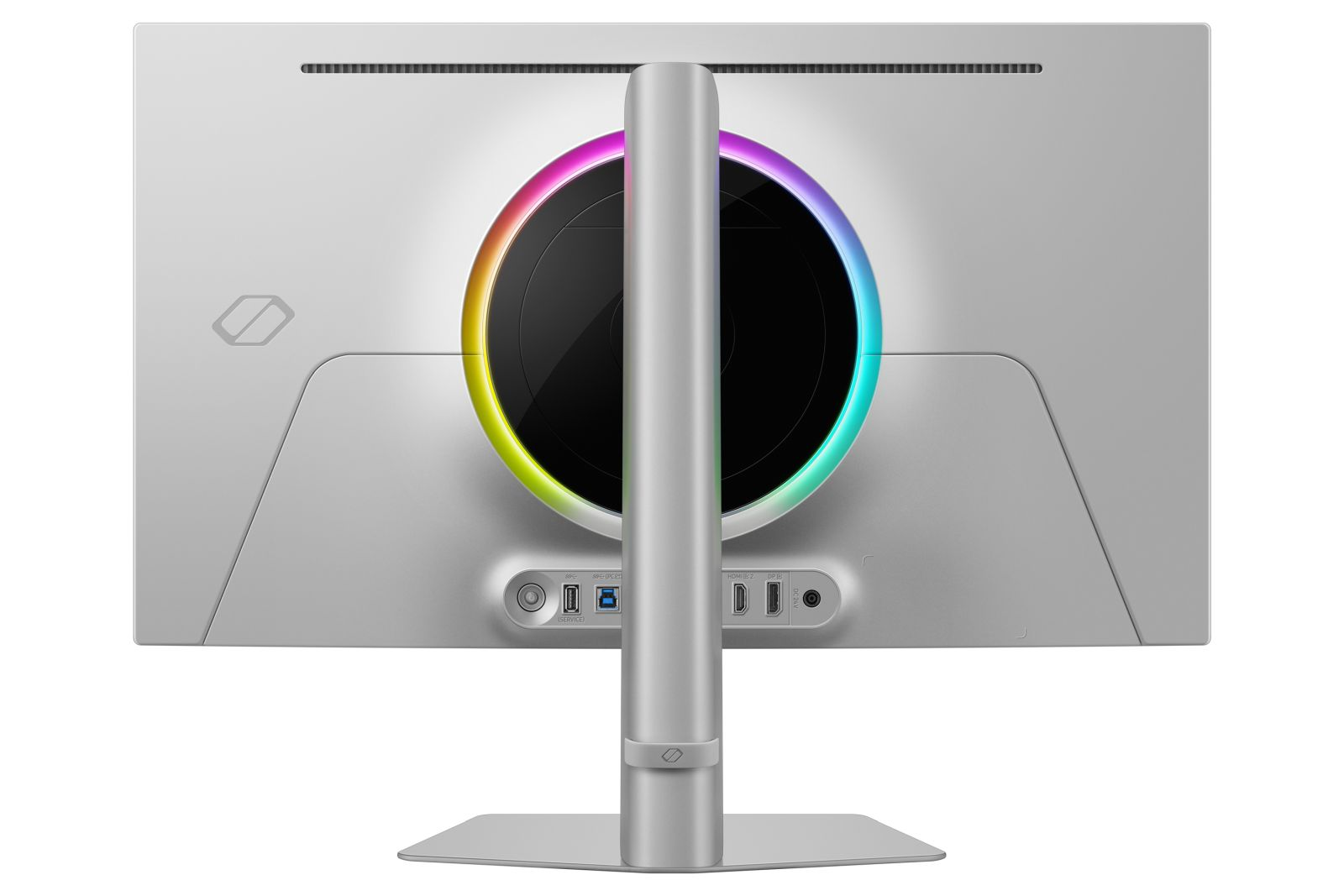 Rückseite eines silbernen Computermonitors mit kreisförmigem RGB-Licht, mehreren Anschlüssen und einem Metallständer.