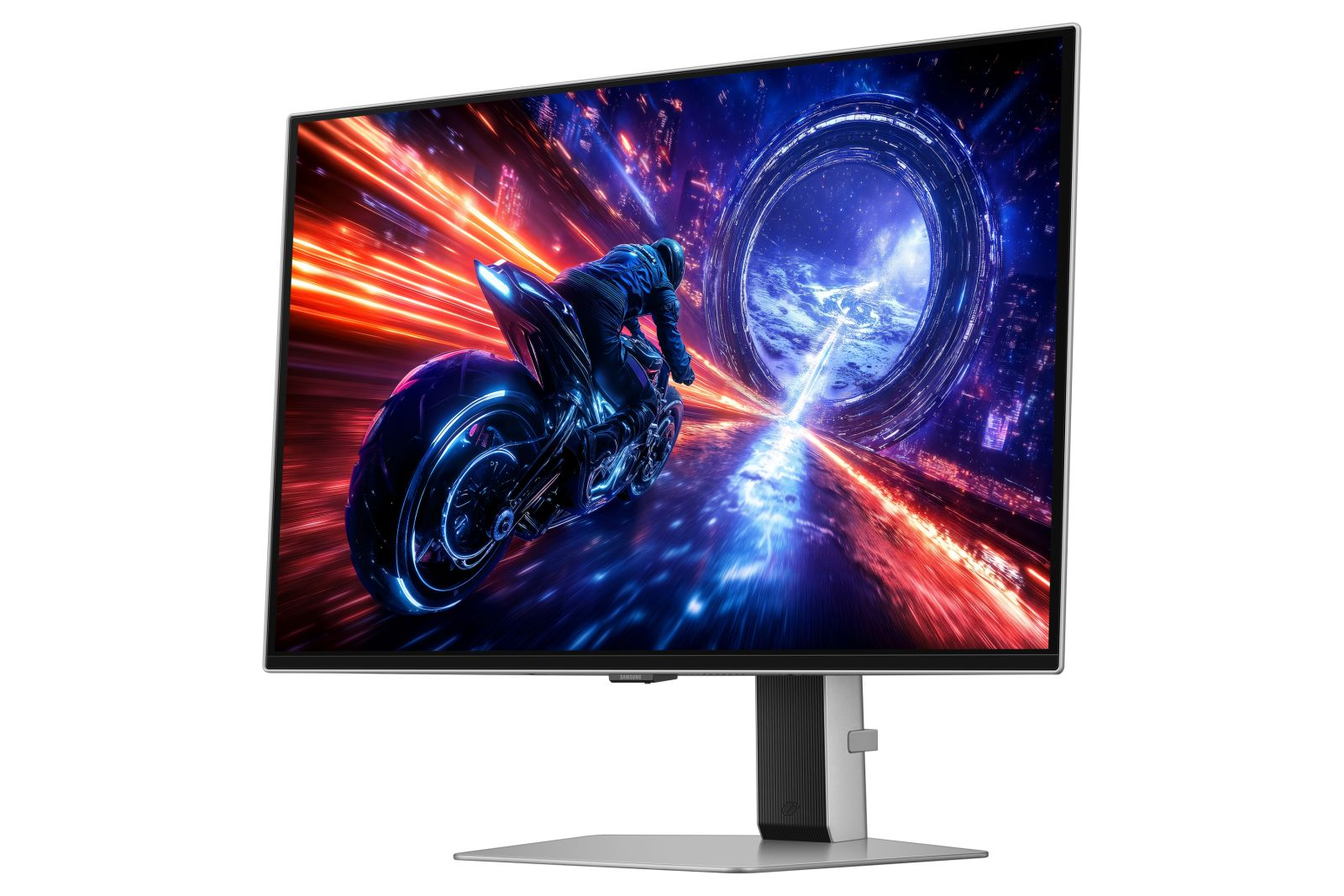 Ein gewölbter Monitor zeigt ein futuristisches Motorrad, das durch ein Portal mit Stadtlichtern und Farbstrichen rast.