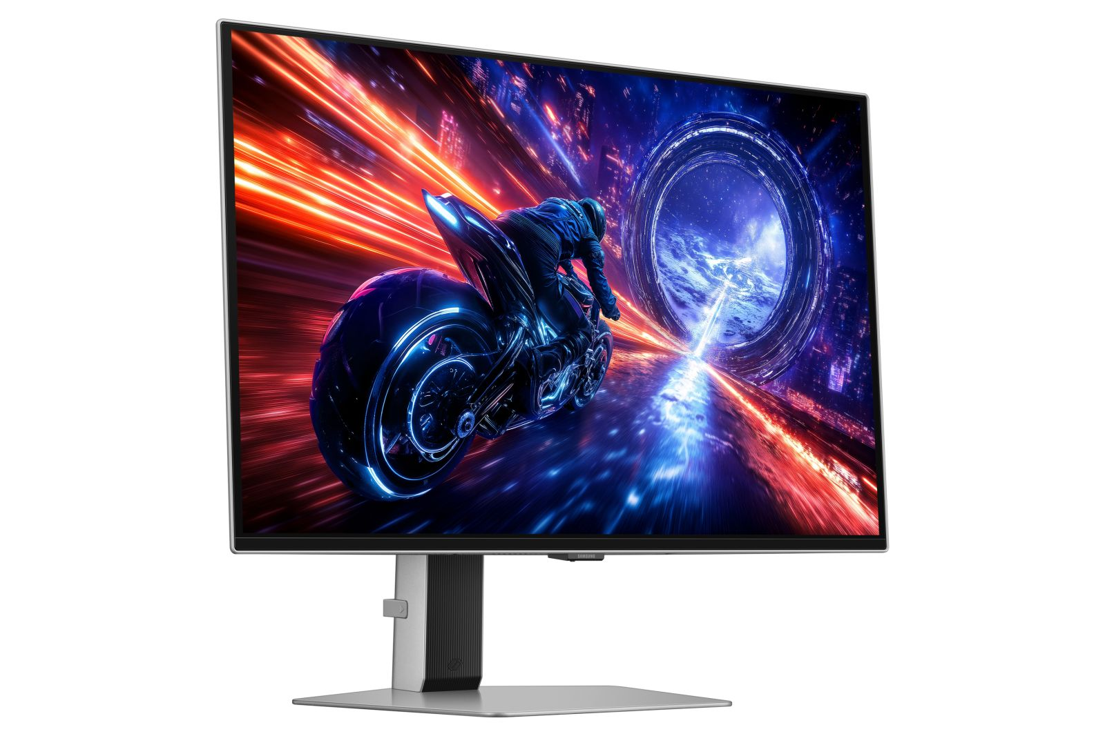 Der Monitor zeigt einen futuristischen Biker auf einem Motorrad, der durch einen digitalen Tunnel rast. Rote und blaue Lichtstreifen dominieren die Szene.