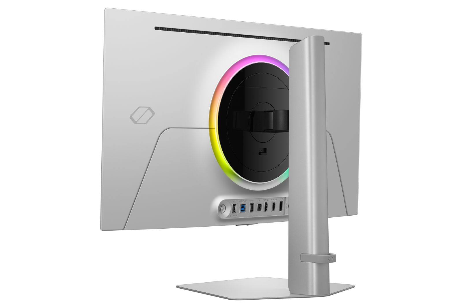 Ein silberner Computermonitor mit einem schwarzen Mittelteil, umgeben von einem bunten Lichtring. Der Ständer ist ebenfalls silber.