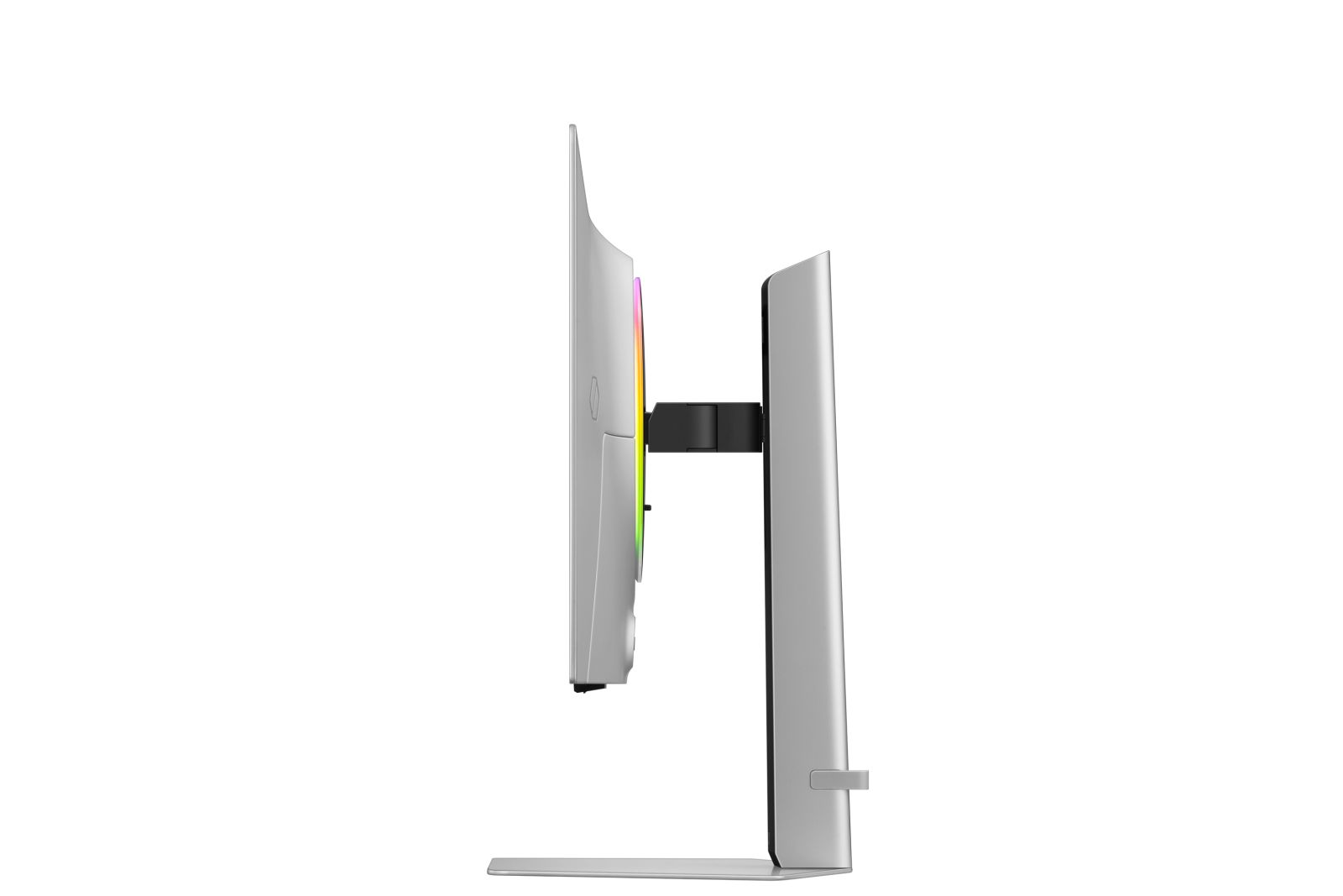 Seitenansicht eines silbernen Computermonitors. Der Bildschirm hat bunte Lichter an der Seite. Der Fuß und der Ständer sind silberfarben.