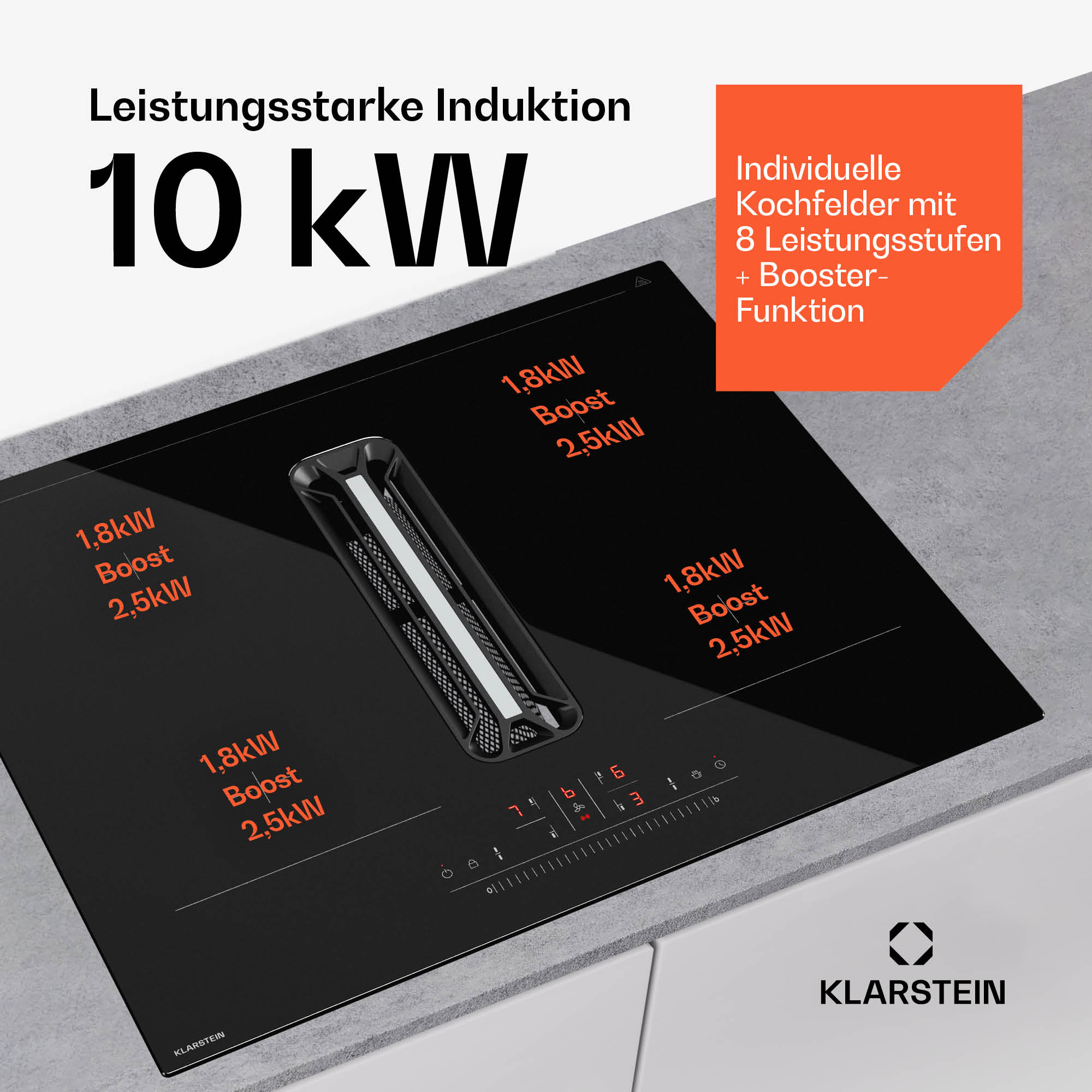 Schwarzes Induktionskochfeld mit integriertem Dunstabzug, orangefarbener Text und Details. Oben 10kW Leistung.