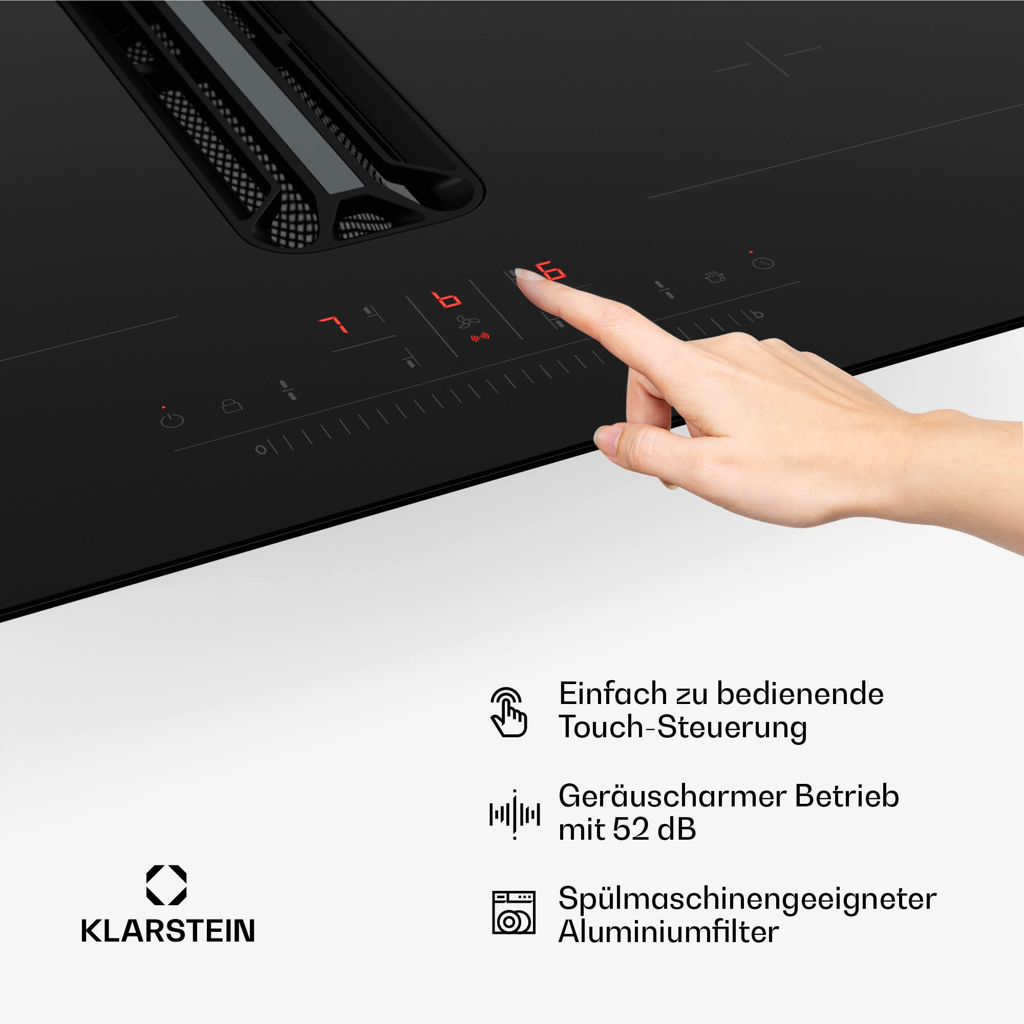 Eine Hand berührt ein schwarzes Induktionskochfeld. Rote Zahlen sind sichtbar. Text unten zeigt einfache Touch-Steuerung und leisen Betrieb.