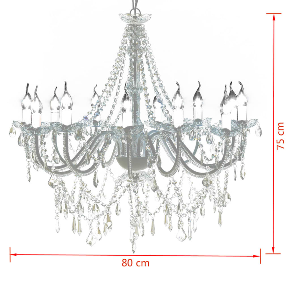 Un lampadario di cristallo ornato. È largo 80 cm e alto 75 cm. Ha molte lampadine.