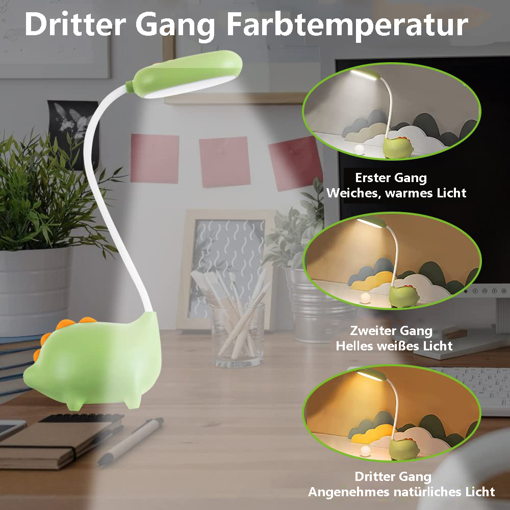 Eine grüne, dinosaurierförmige Schreibtischlampe mit weißem Arm. Drei Beispiele für Lichteinstellungen sind rechts gezeigt.