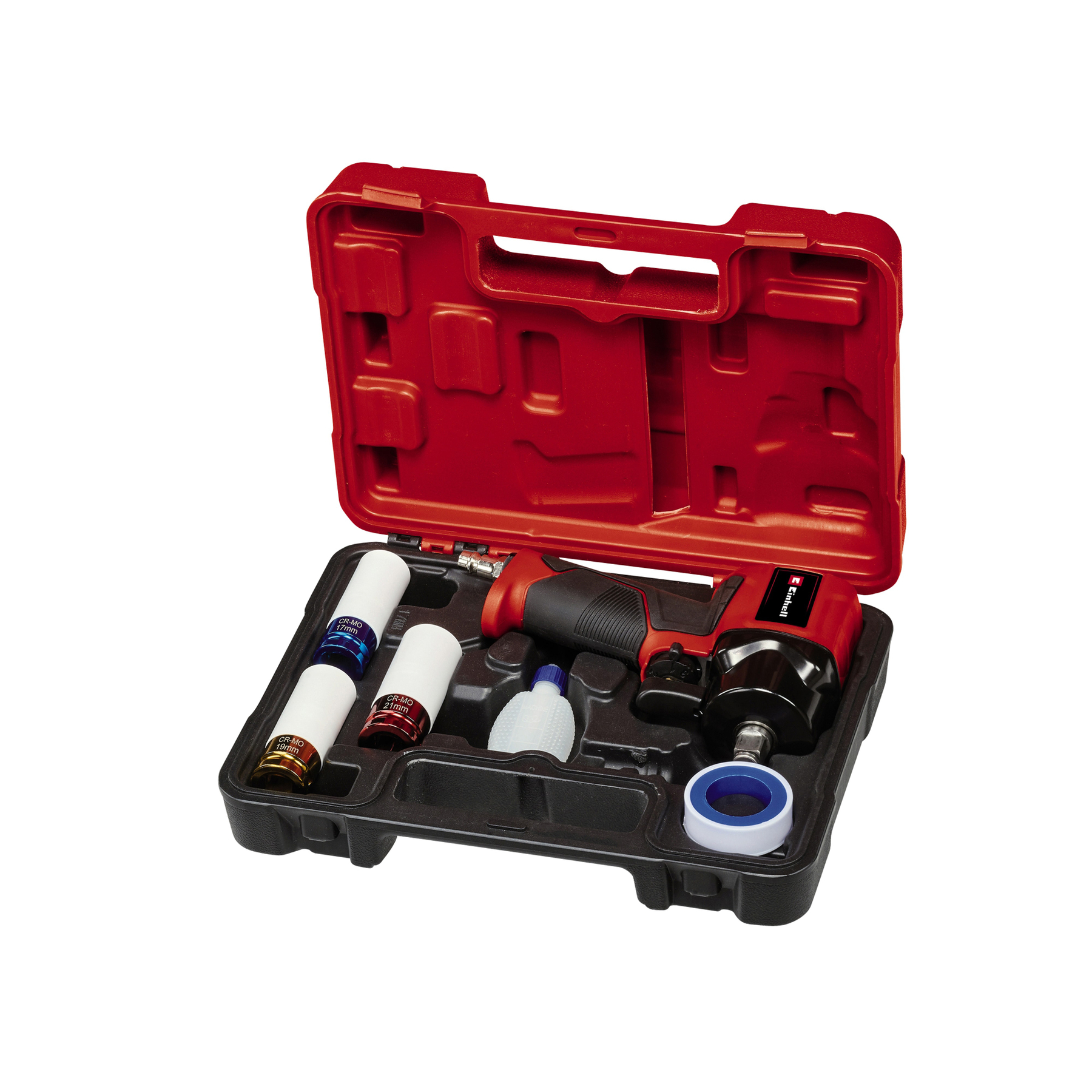 Otwarta czerwona skrzynka narzędziowa zawiera narzędzia, w tym czerwono-czarny klucz udarowy, białe nasadki i małą butelkę.