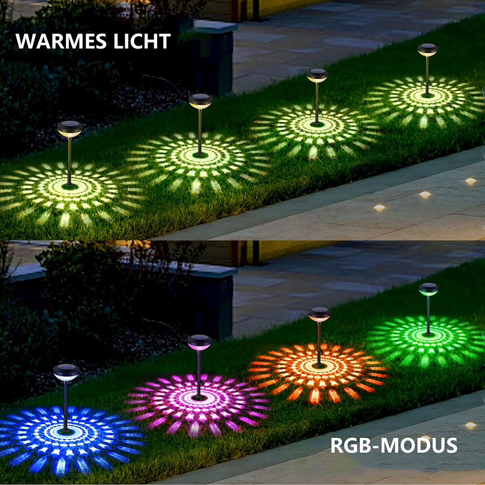 Gartenleuchten im Warm- und RGB-Modus. Lichter projizieren Muster auf Gras. Farben sind Grün, Blau, Lila, Orange und ein helles Grün.
