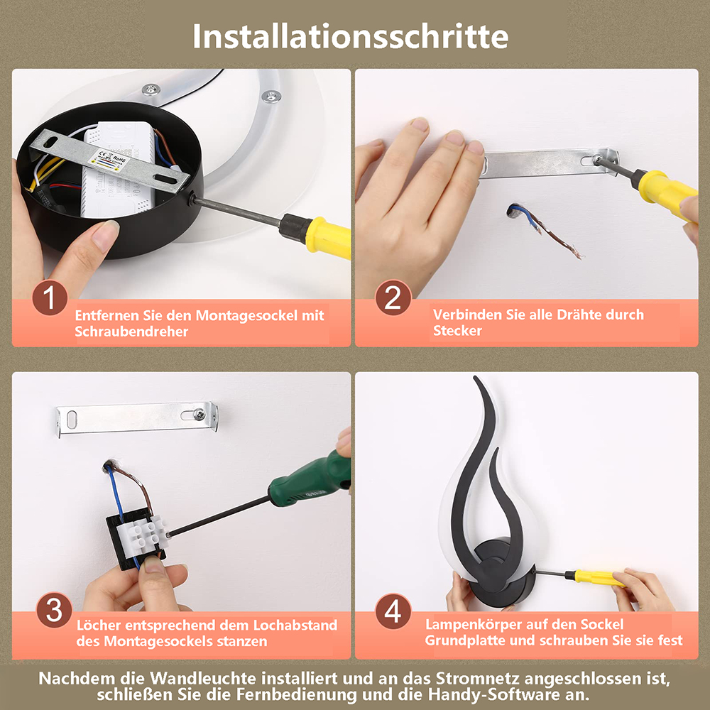 Installationsschritte für eine Wandleuchte. Hände mit Werkzeugen wie Schraubendrehern zeigen die Installation Schritt für Schritt.