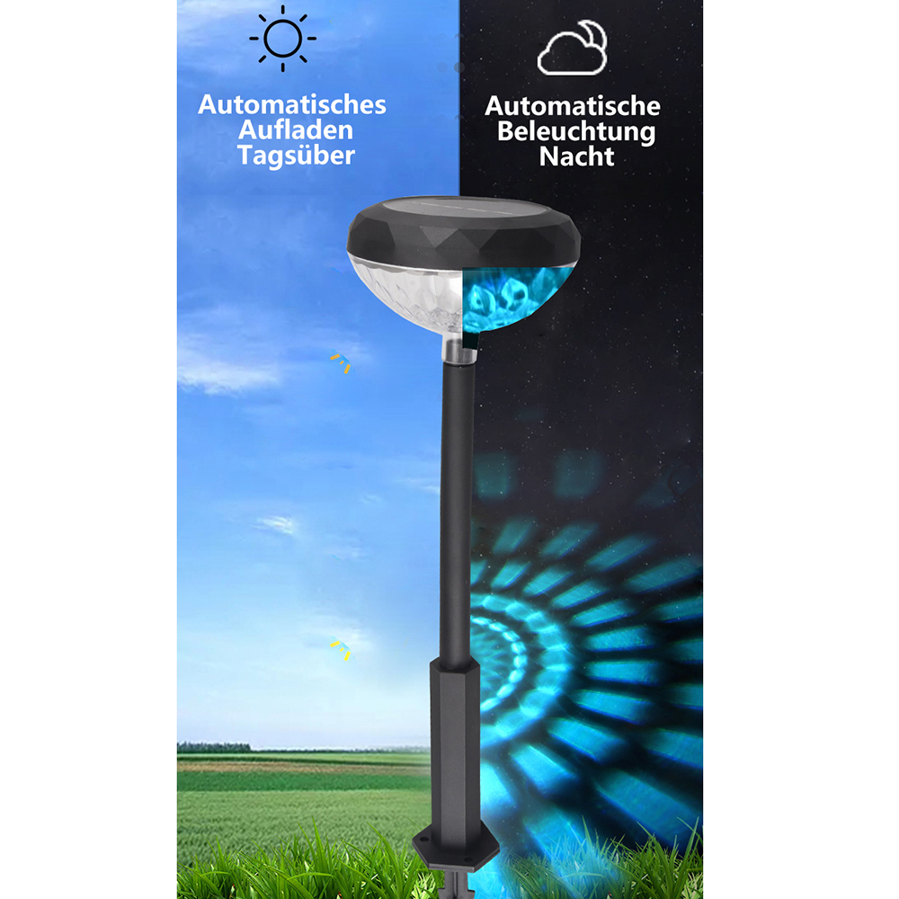 Eine Solar-Gartenleuchte mit geteilter Dual-Szene. Links Tag mit blauem Himmel, rechts Nacht mit blauem Lichtmuster.