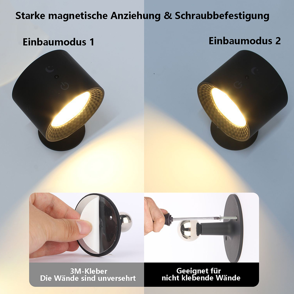 Das Bild zeigt zwei schwarze Strahler, einen mit Klebstoff, den anderen mit Schrauben. Text hebt magnetische Anziehung und Schraubbefestigung hervor.