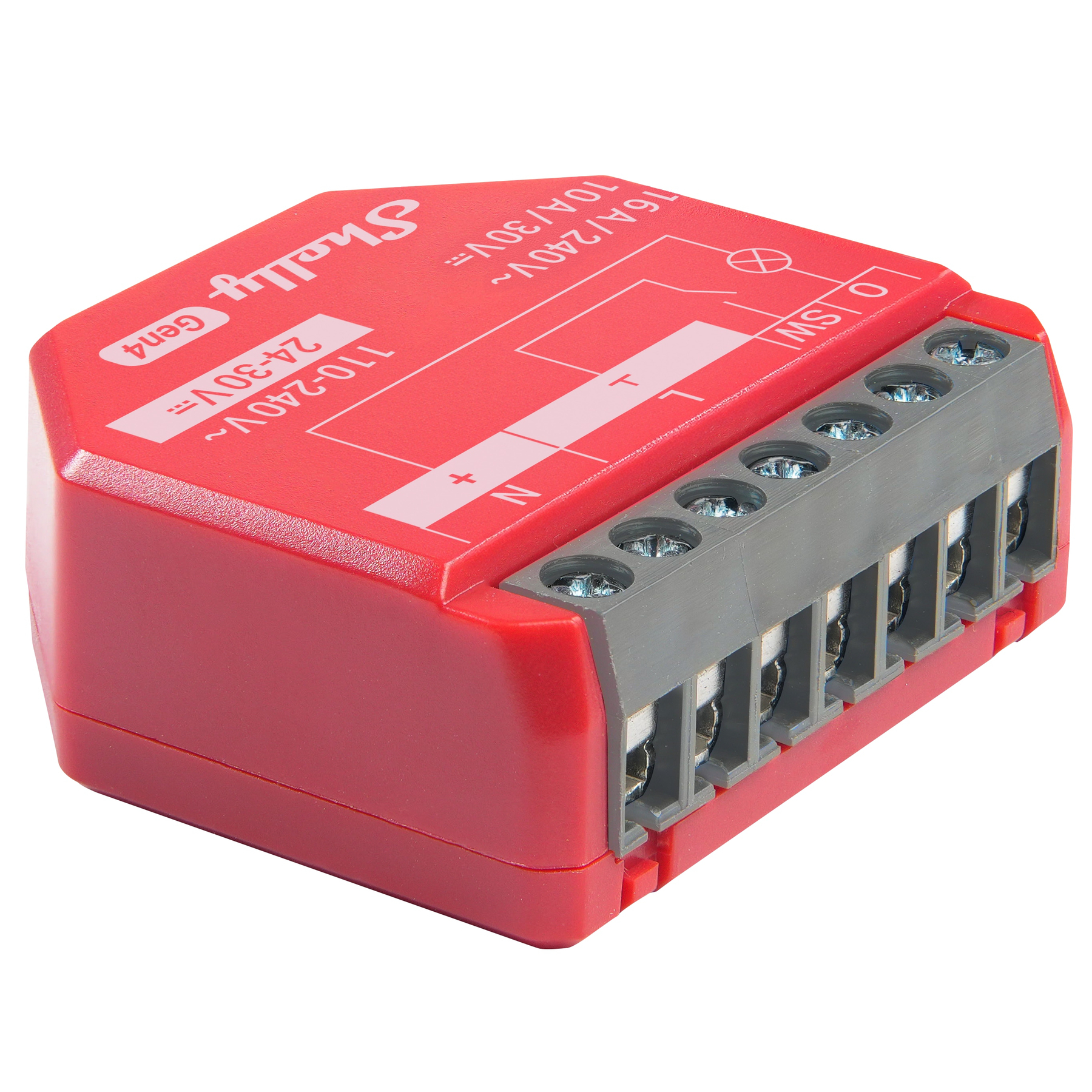 Ein rotes Shelly Gen4-Elektrogerät mit grauen Klemmen. Text enthält Spannungs- und Stromangaben.
